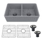 33 in. Double Bowl Fireclay Farmhouse Apron Kitchen Sink with Striped Design Reversible Installation, with Grid and Drainer, cUPC Certified, in Black/Gray/White