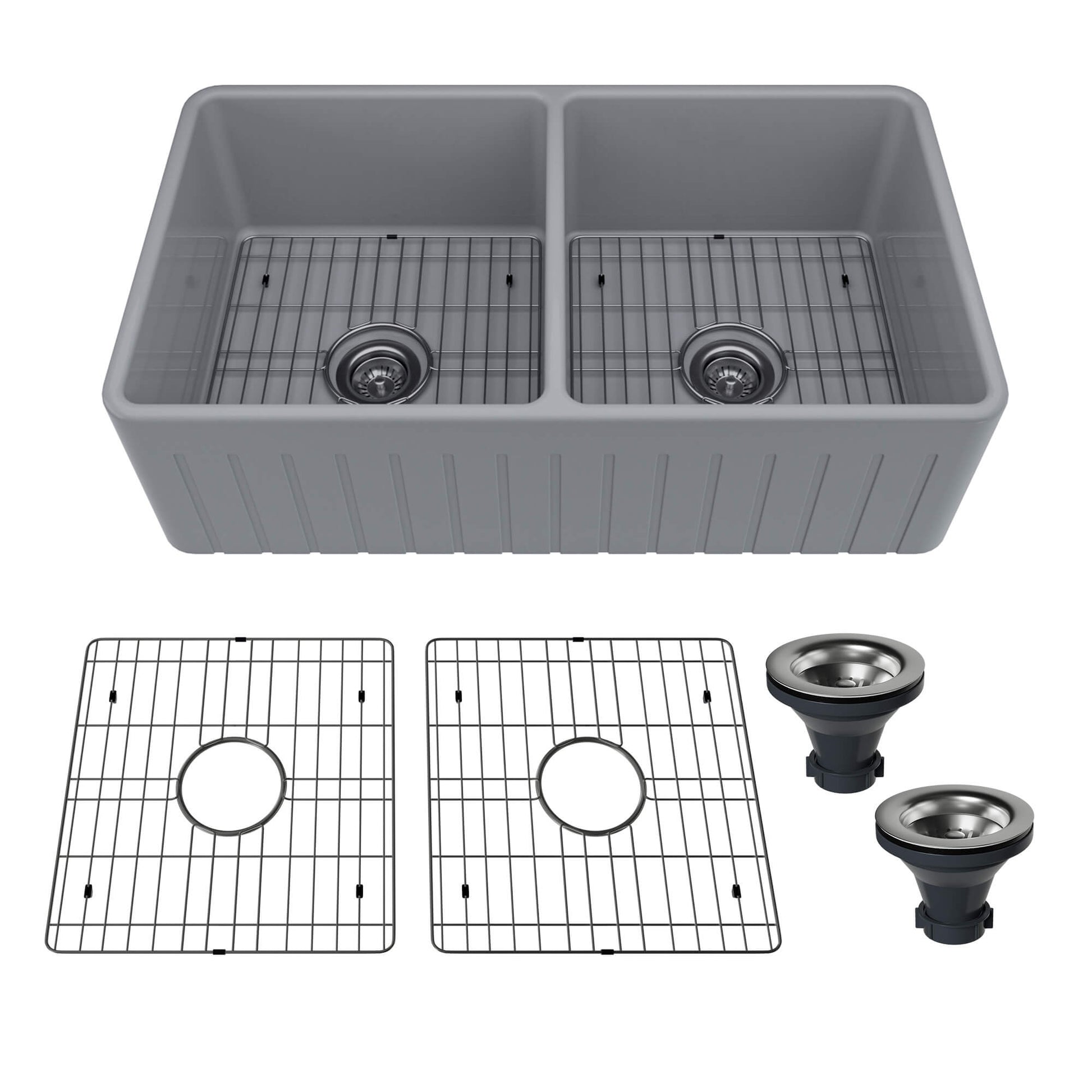 33 in. Double Bowl Fireclay Farmhouse Apron Kitchen Sink with Striped Design Reversible Installation, with Grid and Drainer, cUPC Certified, in Black/Gray/White
