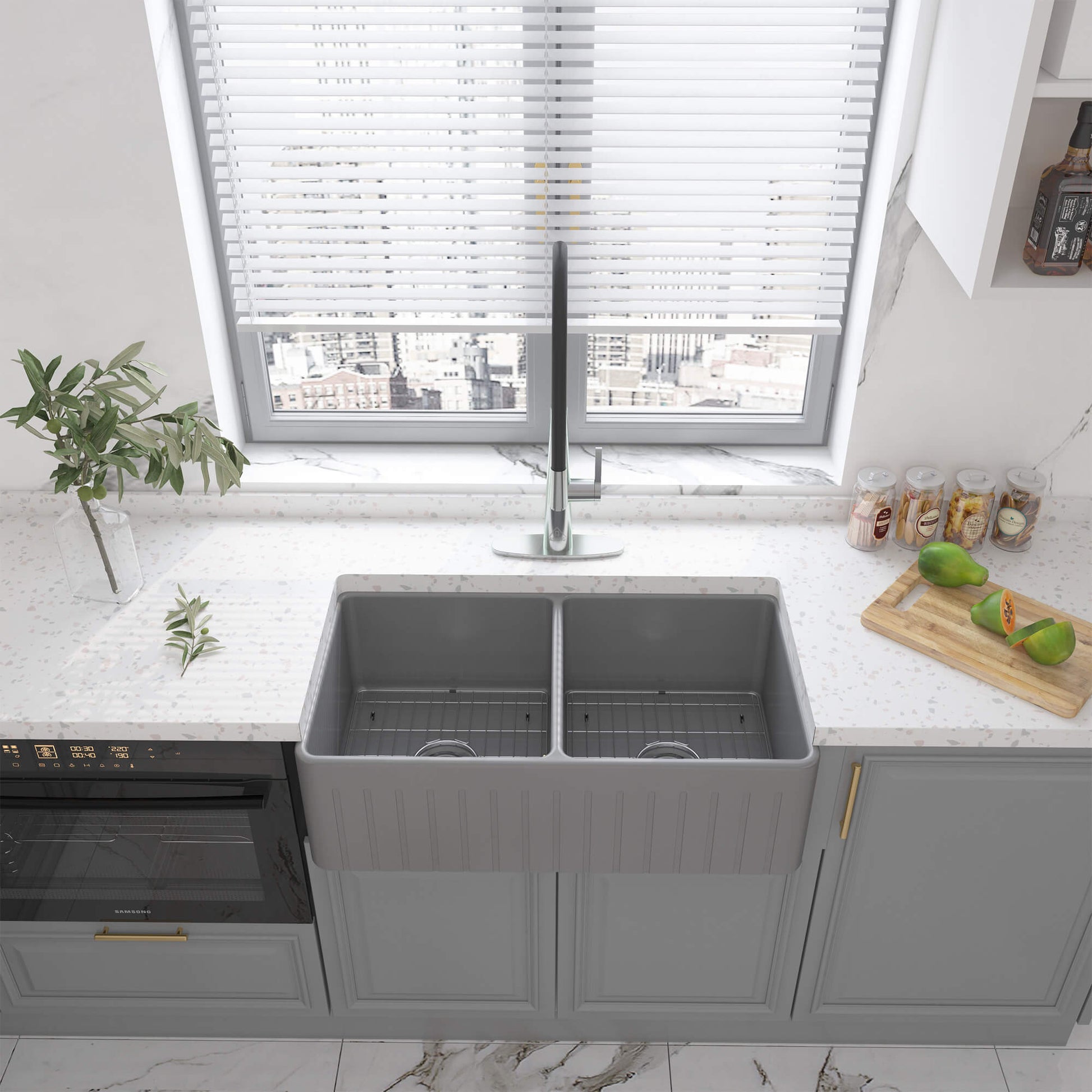 33 in. Double Bowl Fireclay Farmhouse Apron Kitchen Sink with Striped Design Reversible Installation, with Grid and Drainer, cUPC Certified, in Black/Gray/White