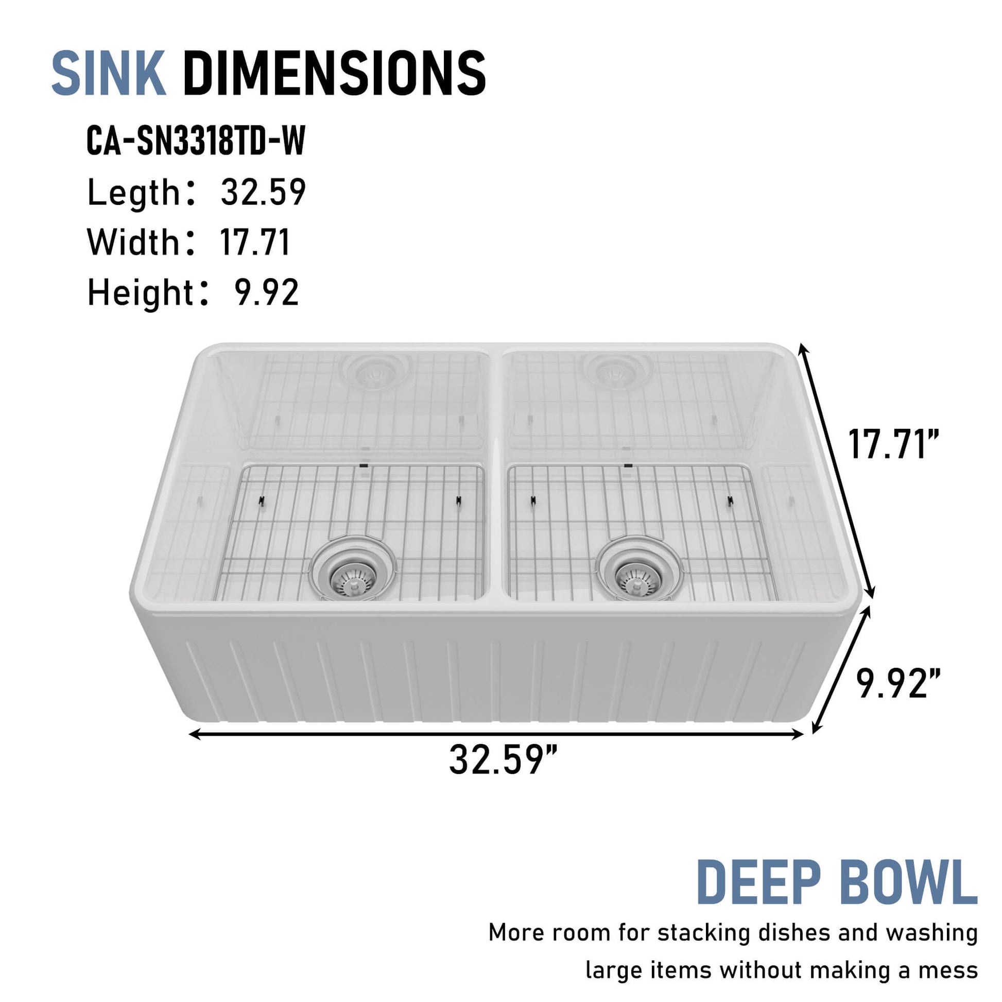 33 in. Double Bowl Fireclay Farmhouse Apron Kitchen Sink with Striped Design Reversible Installation, with Grid and Drainer, cUPC Certified, in Black/Gray/White
