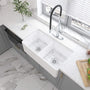 33 in. Double Bowl Fireclay Farmhouse Apron Kitchen Sink with Striped Design Reversible Installation, with Grid and Drainer, cUPC Certified, in Black/Gray/White