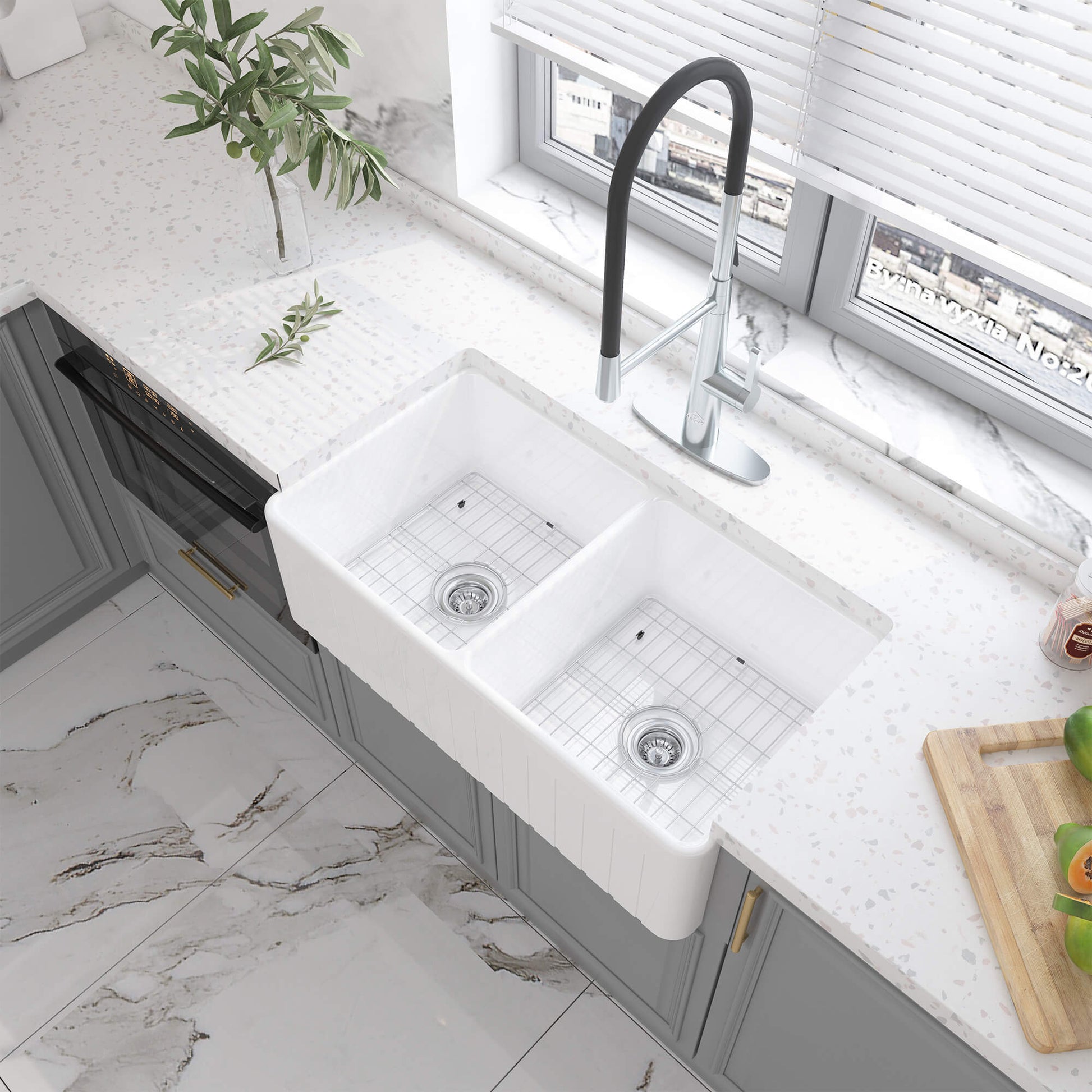 33 in. Double Bowl Fireclay Farmhouse Apron Kitchen Sink with Striped Design Reversible Installation, with Grid and Drainer, cUPC Certified, in Black/Gray/White