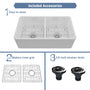 33 in. Double Bowl Fireclay Farmhouse Apron Kitchen Sink with Striped Design Reversible Installation, with Grid and Drainer, cUPC Certified, in Black/Gray/White