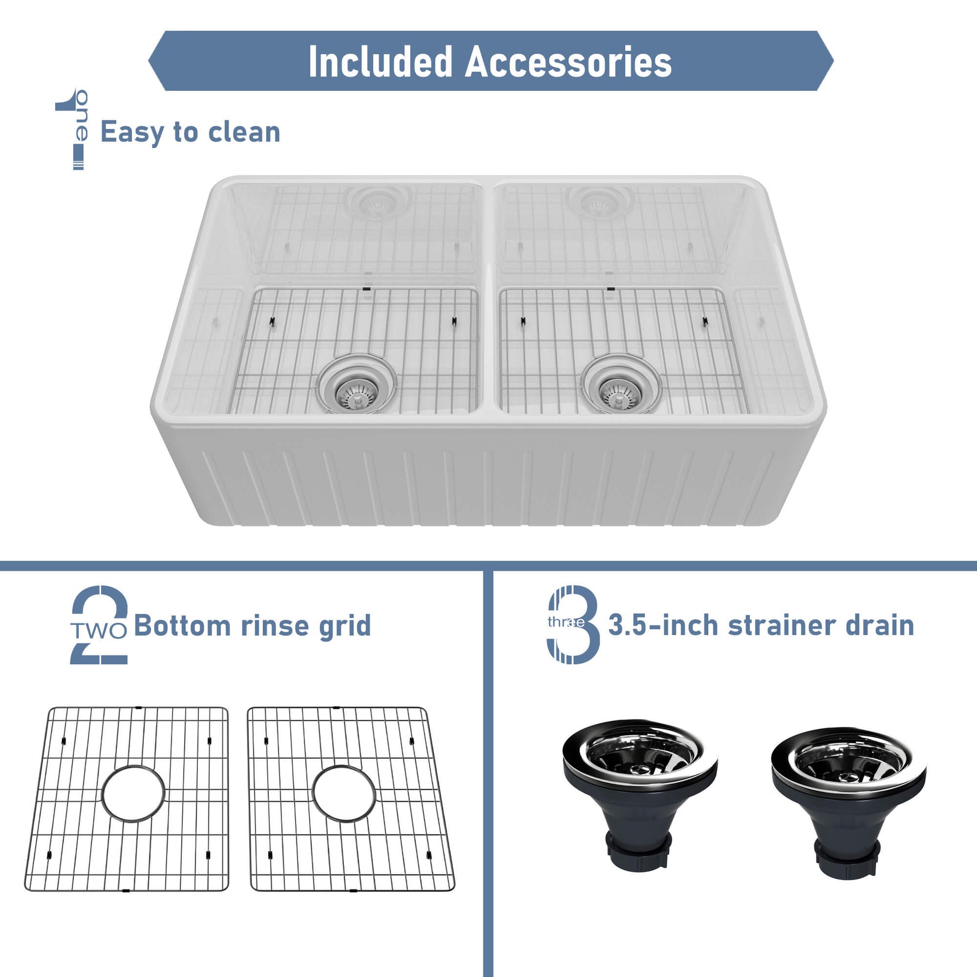 33 in. Double Bowl Fireclay Farmhouse Apron Kitchen Sink with Striped Design Reversible Installation, with Grid and Drainer, cUPC Certified, in Black/Gray/White