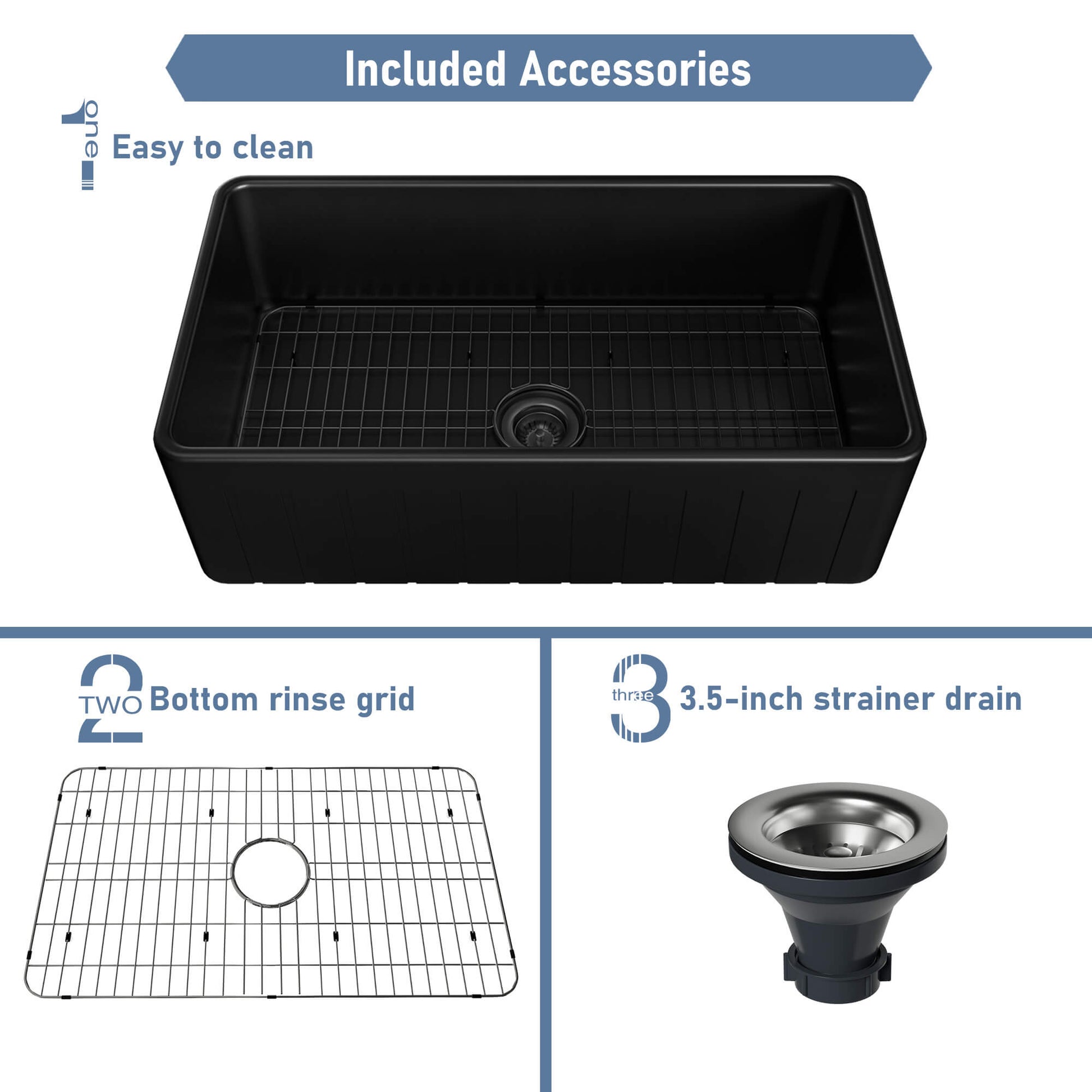 33 in. Single Bowl Fireclay Farmhouse Apron Kitchen Sink with Striped Design Reversible Installation, with Grid and Drainer, cUPC Certified, in White/Black/Gray