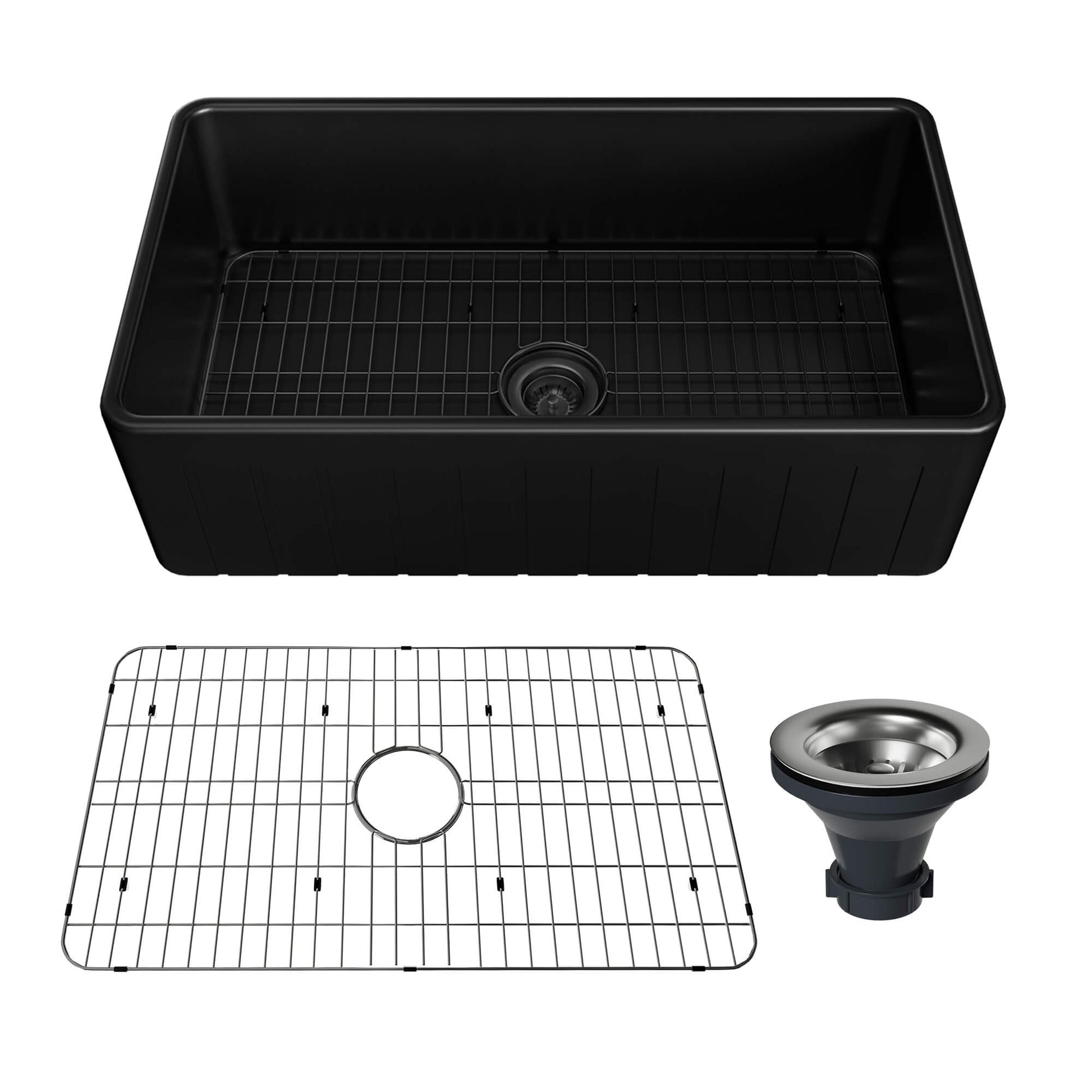 33 in. Single Bowl Fireclay Farmhouse Apron Kitchen Sink with Striped Design Reversible Installation, with Grid and Drainer, cUPC Certified, in White/Black/Gray