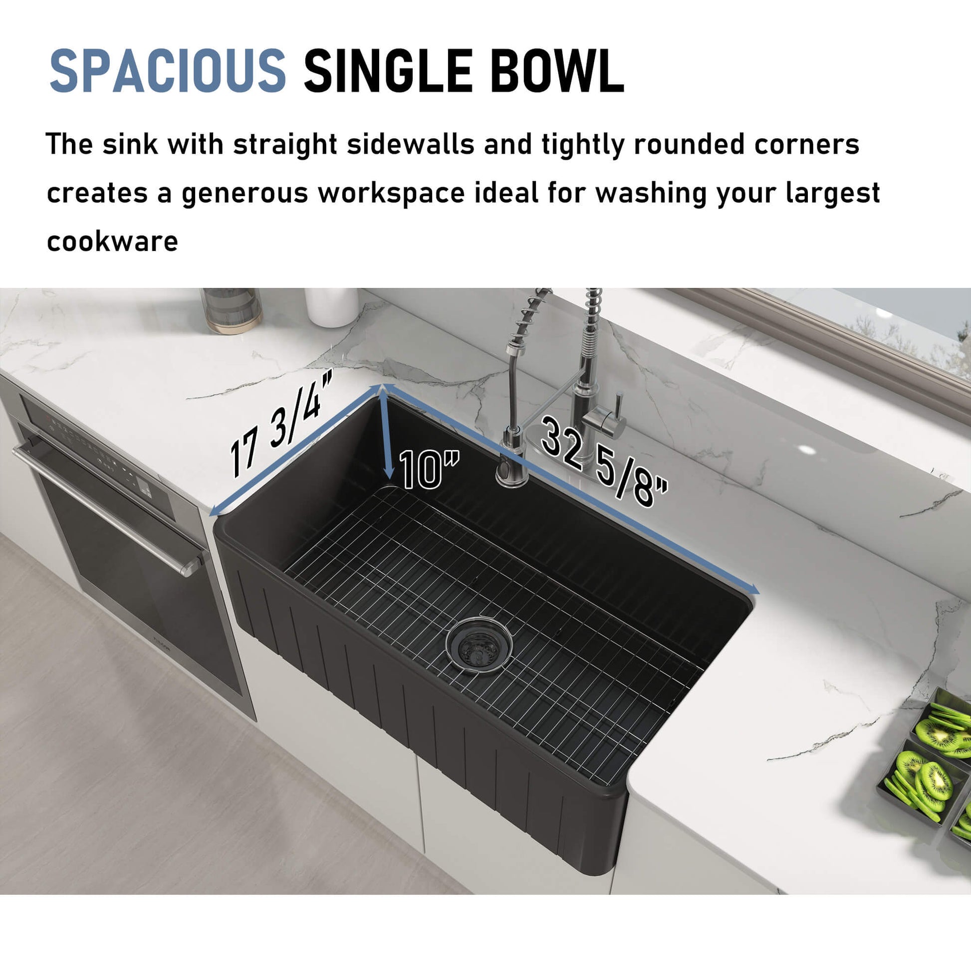 33 in. Single Bowl Fireclay Farmhouse Apron Kitchen Sink with Striped Design Reversible Installation, with Grid and Drainer, cUPC Certified, in White/Black/Gray