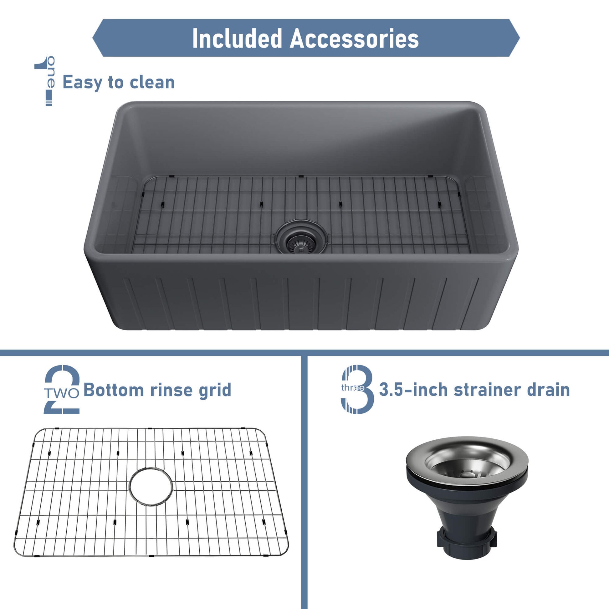 33 in. Single Bowl Fireclay Farmhouse Apron Kitchen Sink with Striped Design Reversible Installation, with Grid and Drainer, cUPC Certified, in White/Black/Gray