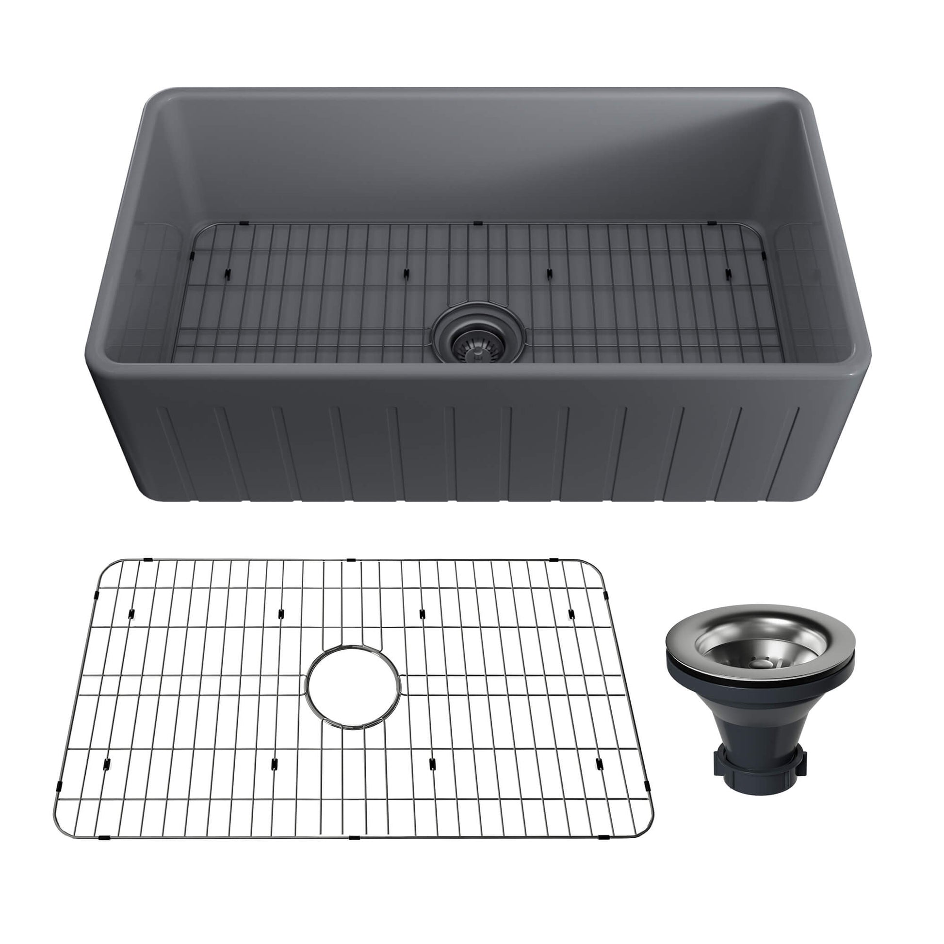 33 in. Single Bowl Fireclay Farmhouse Apron Kitchen Sink with Striped Design Reversible Installation, with Grid and Drainer, cUPC Certified, in White/Black/Gray