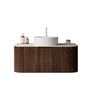 Floating Bathroom Vanity with Curved Edges, Fluted Drawer Fronts, Carrara Sintered Stone Top and Round Ceramic Vessel Sink, Natural Woodgrain / Dark Walnut
