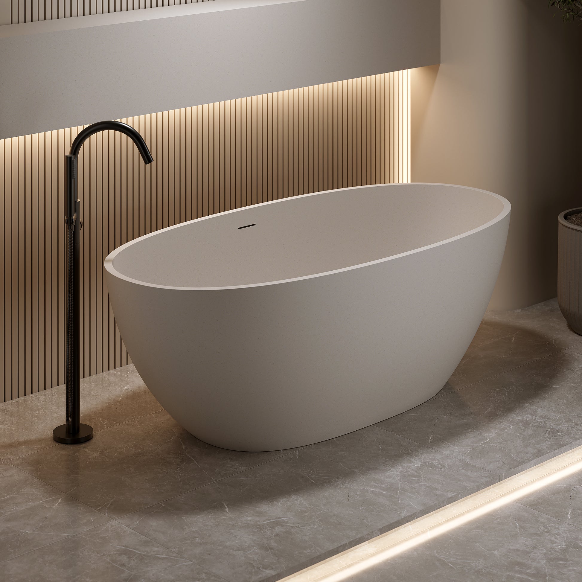 55"/59"/67" Modern Beige Stone Resin Freestanding Soaking Bathtub with Center Overflow and Drain