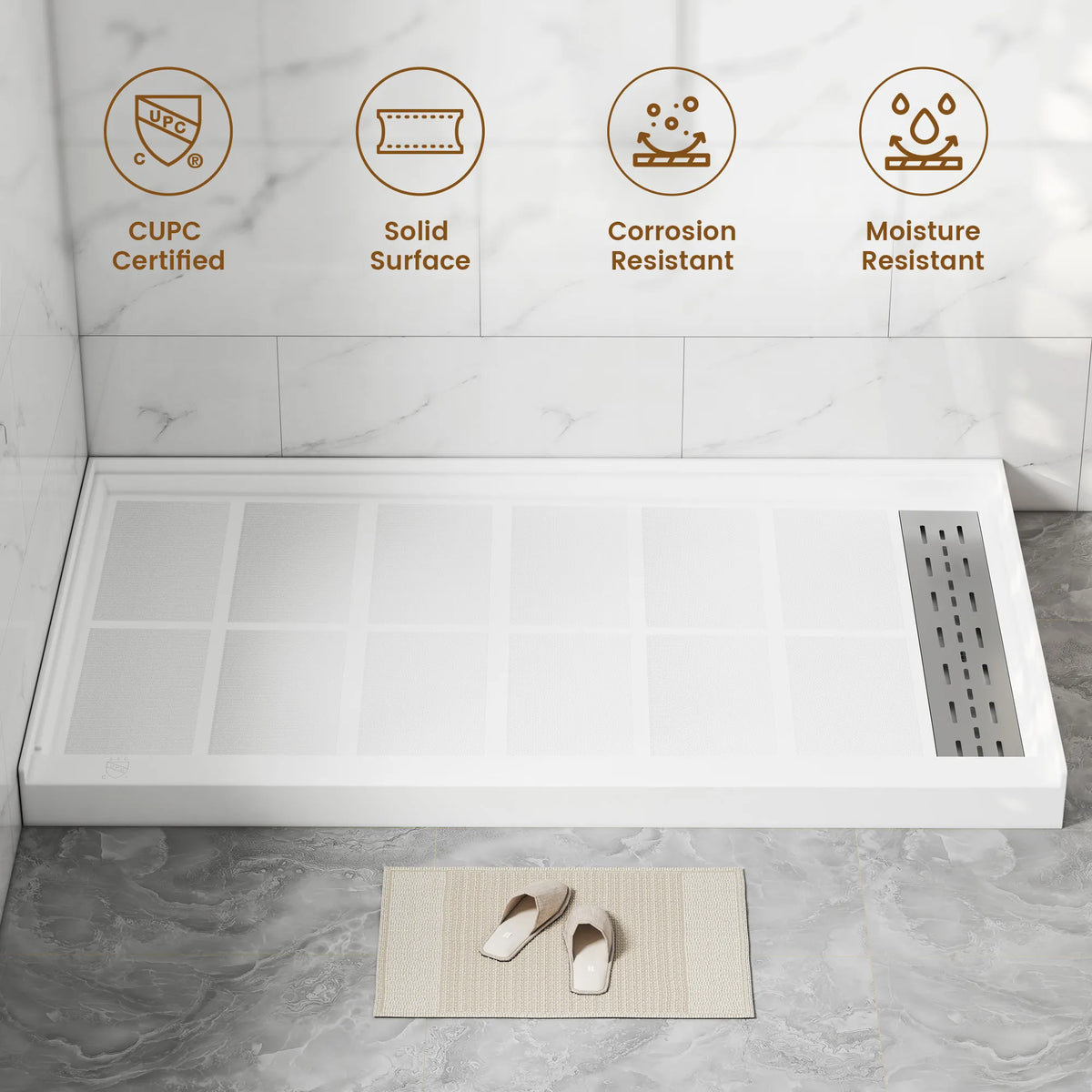 48"/60" x 30"/32"/36" White SMC Rectangular Shower Base with Non-Slip Texture, Left/Right Drain
