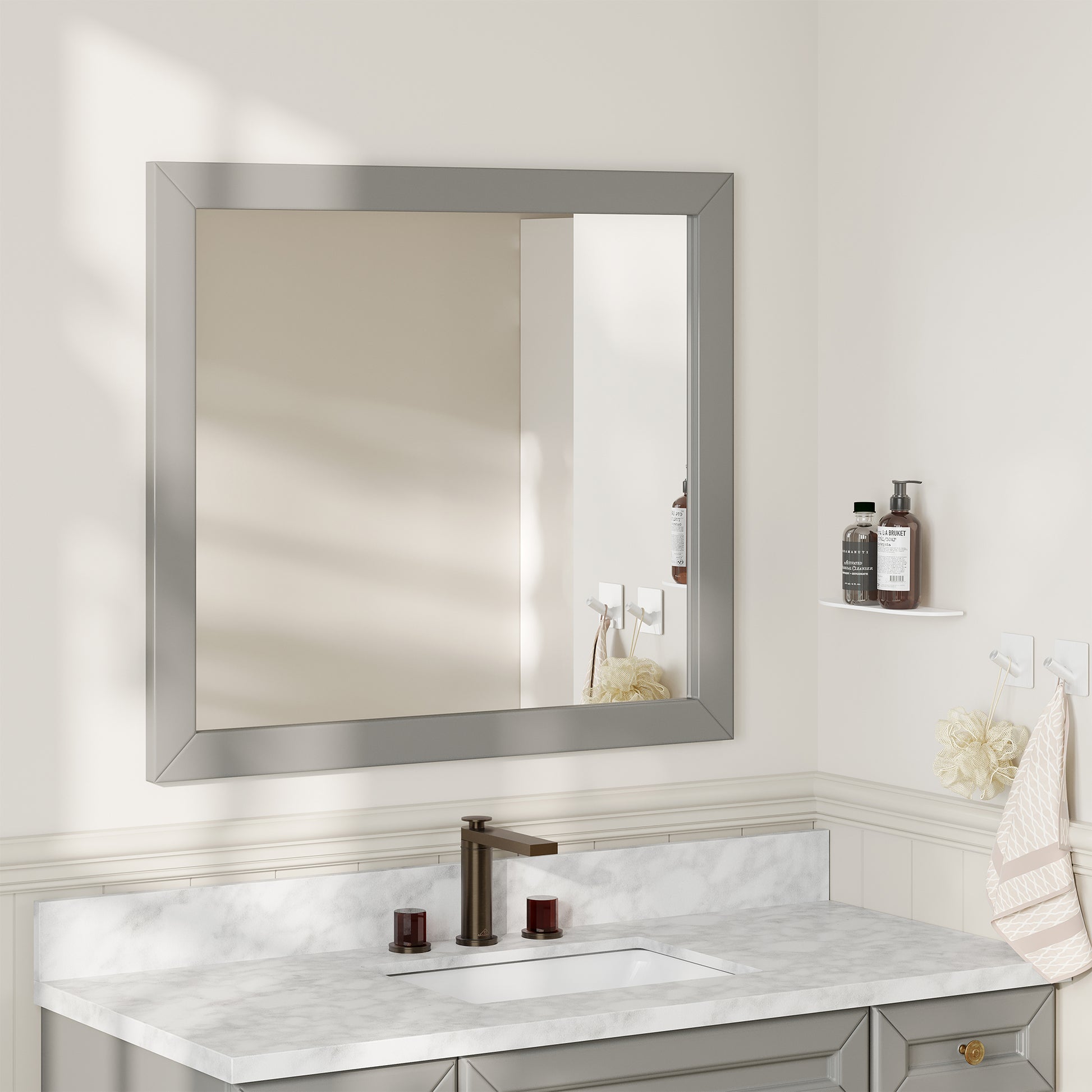 34"x35" Gray Solid Oak Frame Wall-Mounted Bathroom Mirror