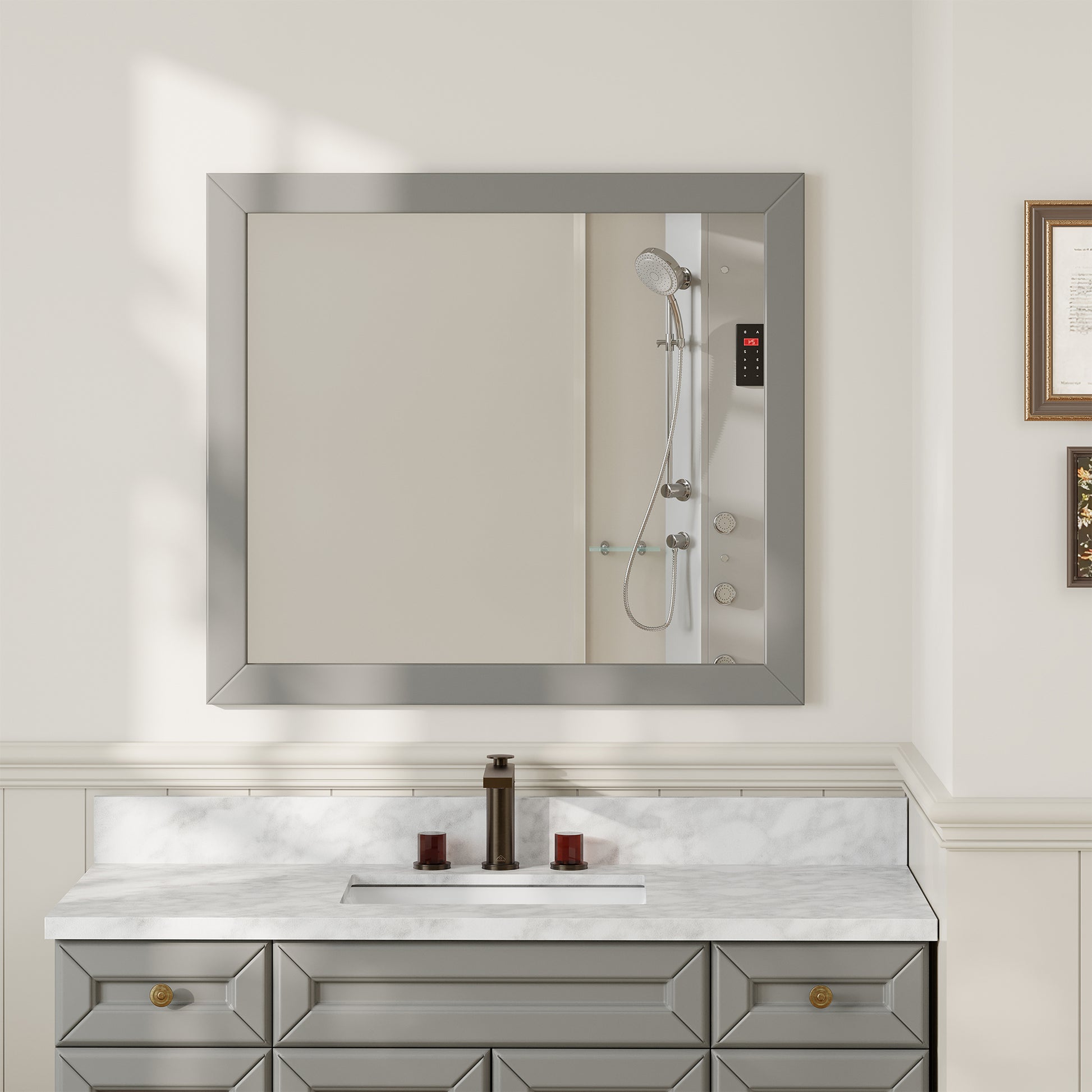 34"x35" Gray Solid Oak Frame Wall-Mounted Bathroom Mirror