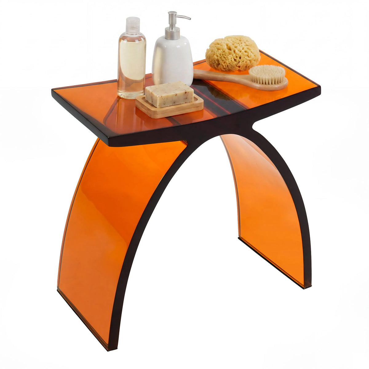 Translucent Resin Arched Solid Surface Bathroom Shower Bench in Glossy Smoke Black/Amber