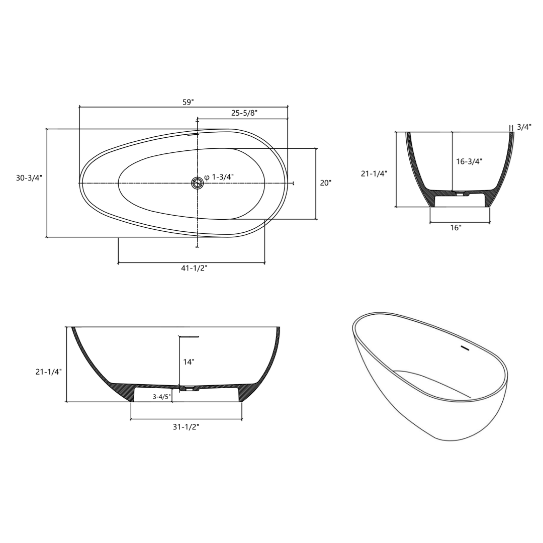 59" Matte White Egg-Shaped Stone Resin Freestanding Soaking Tub, cUPC Certified