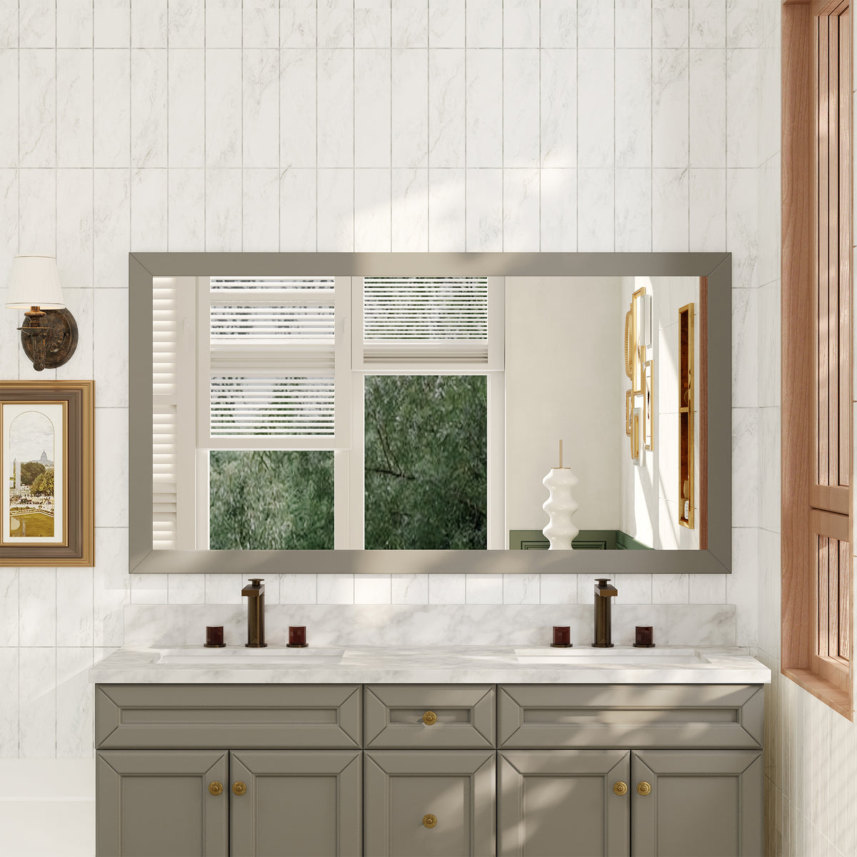 35"/59"W x 34"H Gray Solid Oak Frame Wall-Mounted Bathroom Mirror