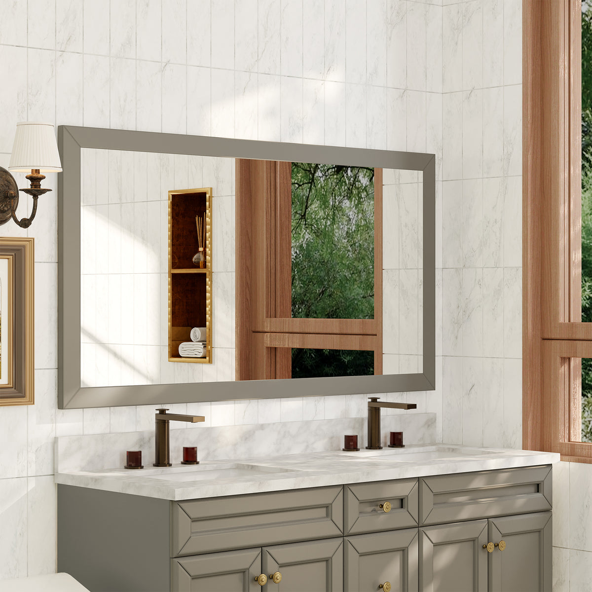 35"/59"W x 34"H Gray Solid Oak Frame Wall-Mounted Bathroom Mirror