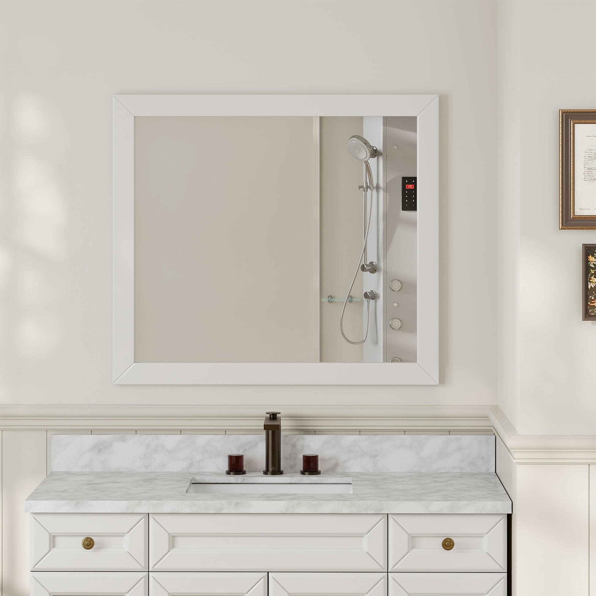 35"/59"W x 34"H White Solid Oak Framed Bathroom Vanity Mirror, Vertical Wall-Mounted Mirror with 5mm Silver Glass