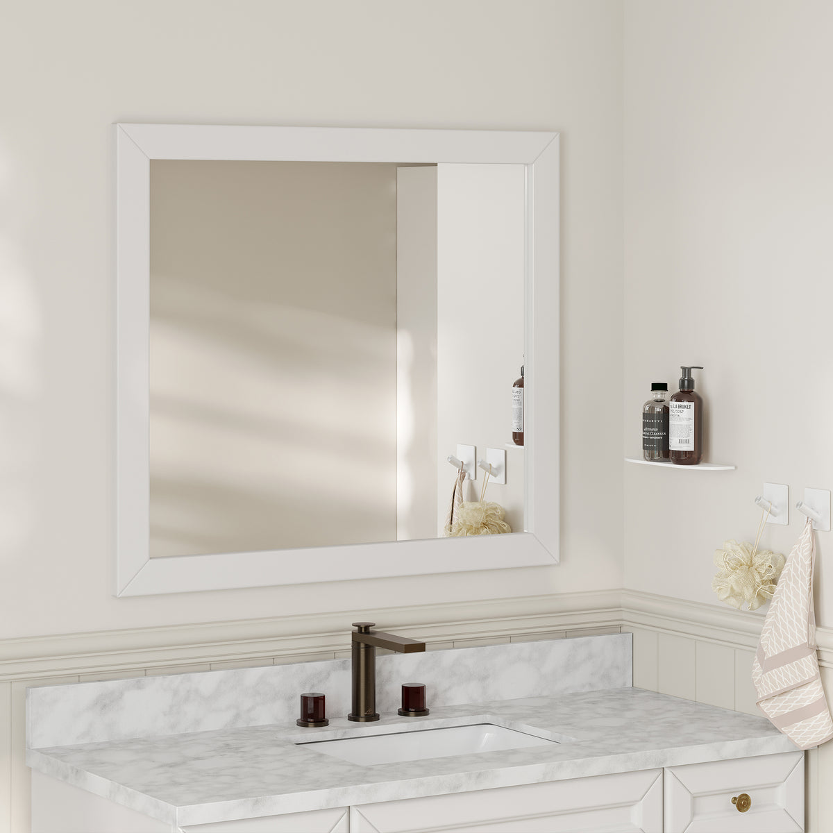 35"/59"W x 34"H White Solid Oak Framed Bathroom Vanity Mirror, Vertical Wall-Mounted Mirror with 5mm Silver Glass