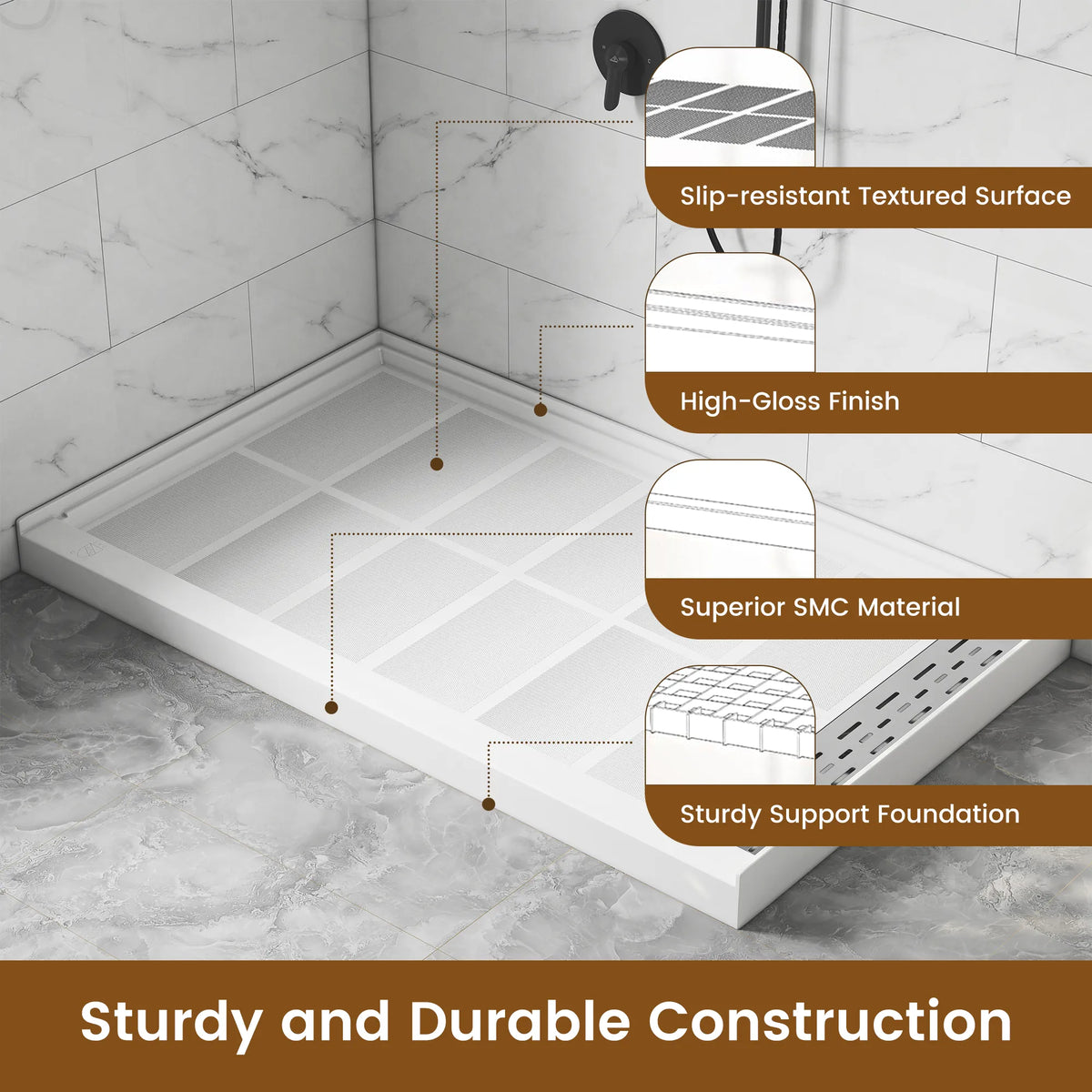 48"/60" x 30"/32"/36" White SMC Rectangular Shower Base with Non-Slip Texture, Left/Right Drain