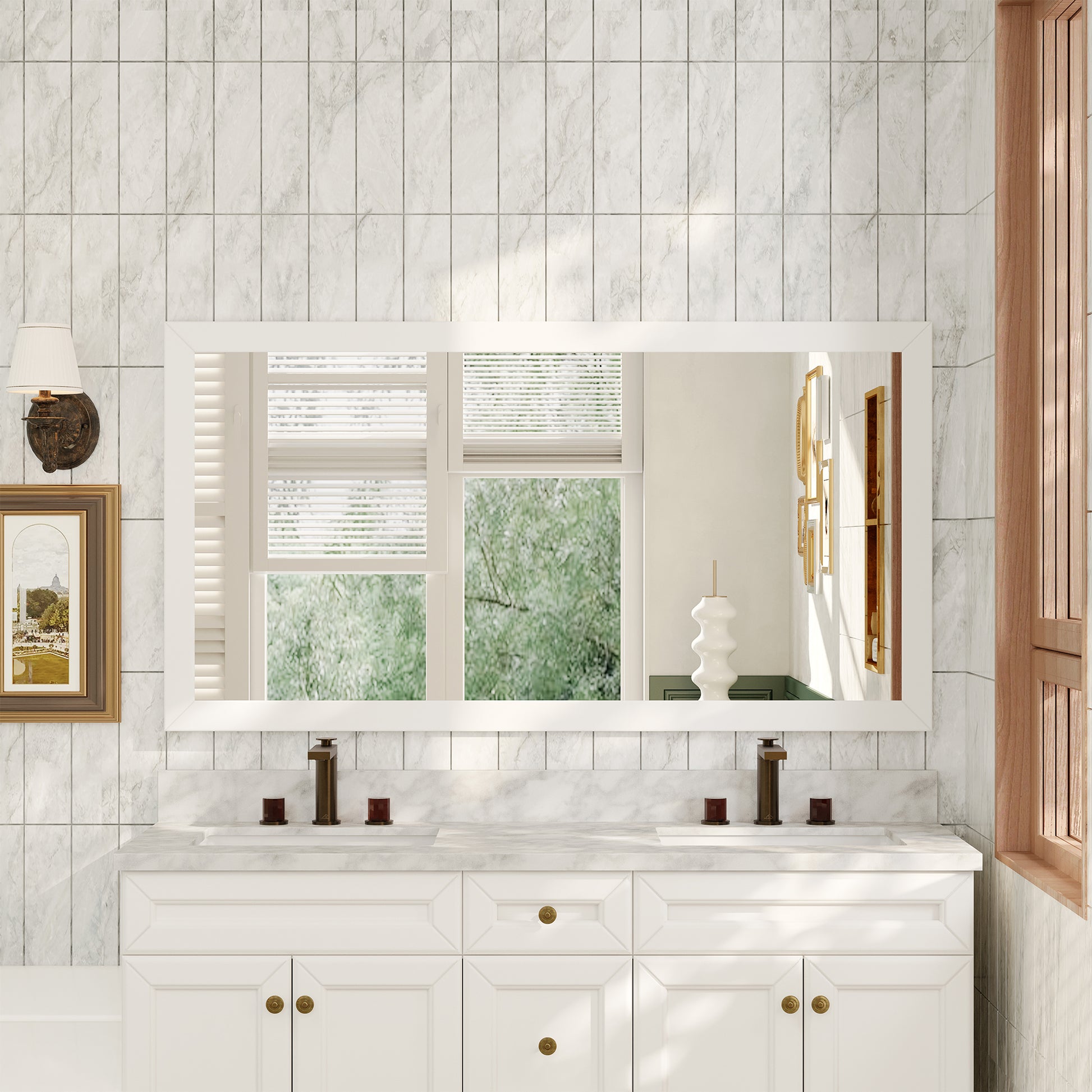 35"/59"W x 34"H White Solid Oak Framed Bathroom Vanity Mirror, Vertical Wall-Mounted Mirror with 5mm Silver Glass