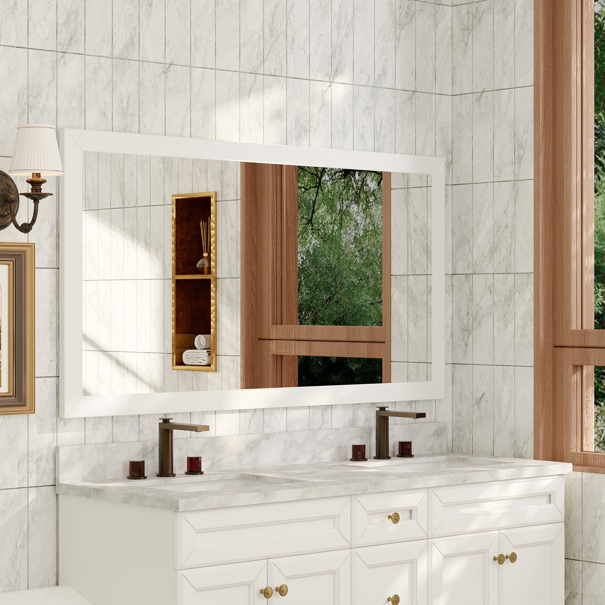 35"/59"W x 34"H White Solid Oak Framed Bathroom Vanity Mirror, Vertical Wall-Mounted Mirror with 5mm Silver Glass