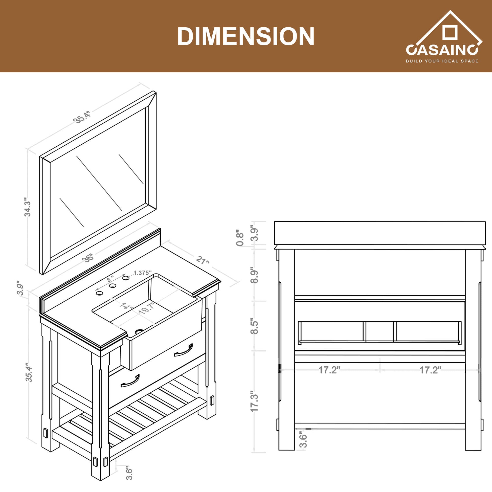 36" Farmhouse Sink Bathroom Vanity with Shelf in White/Grey