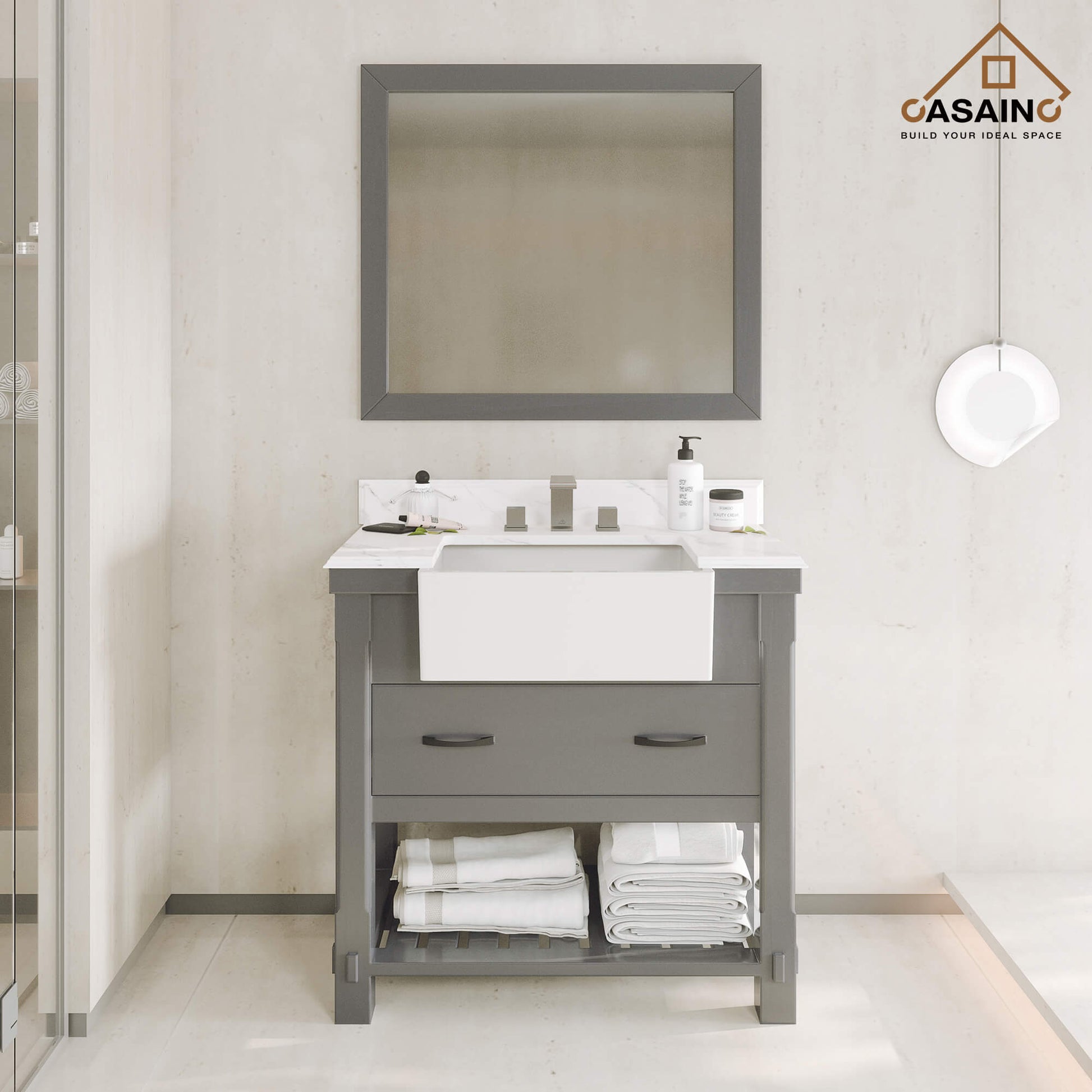 36" Farmhouse Sink Bathroom Vanity with Shelf in White/Grey
