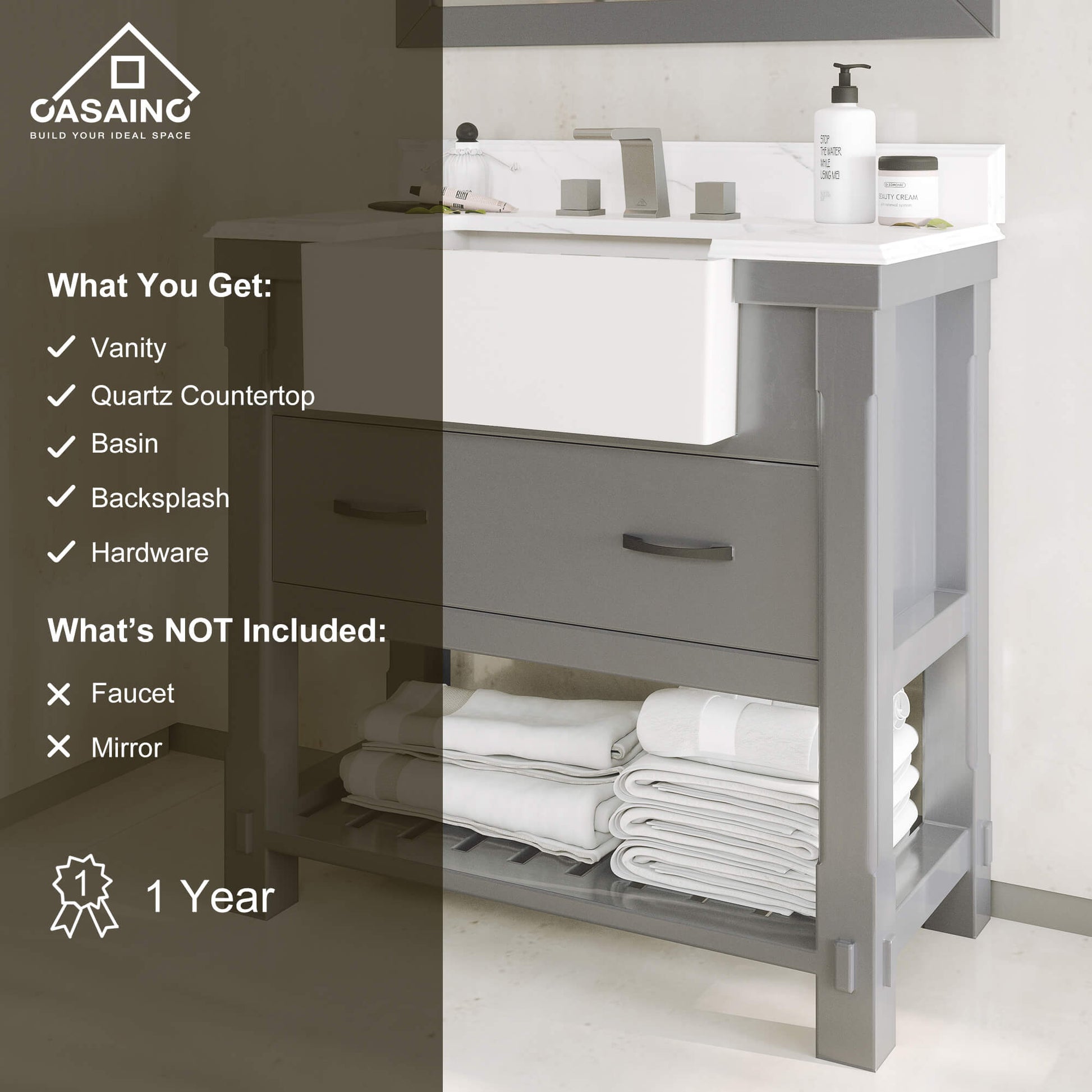 36" Farmhouse Sink Bathroom Vanity with Shelf in White/Grey