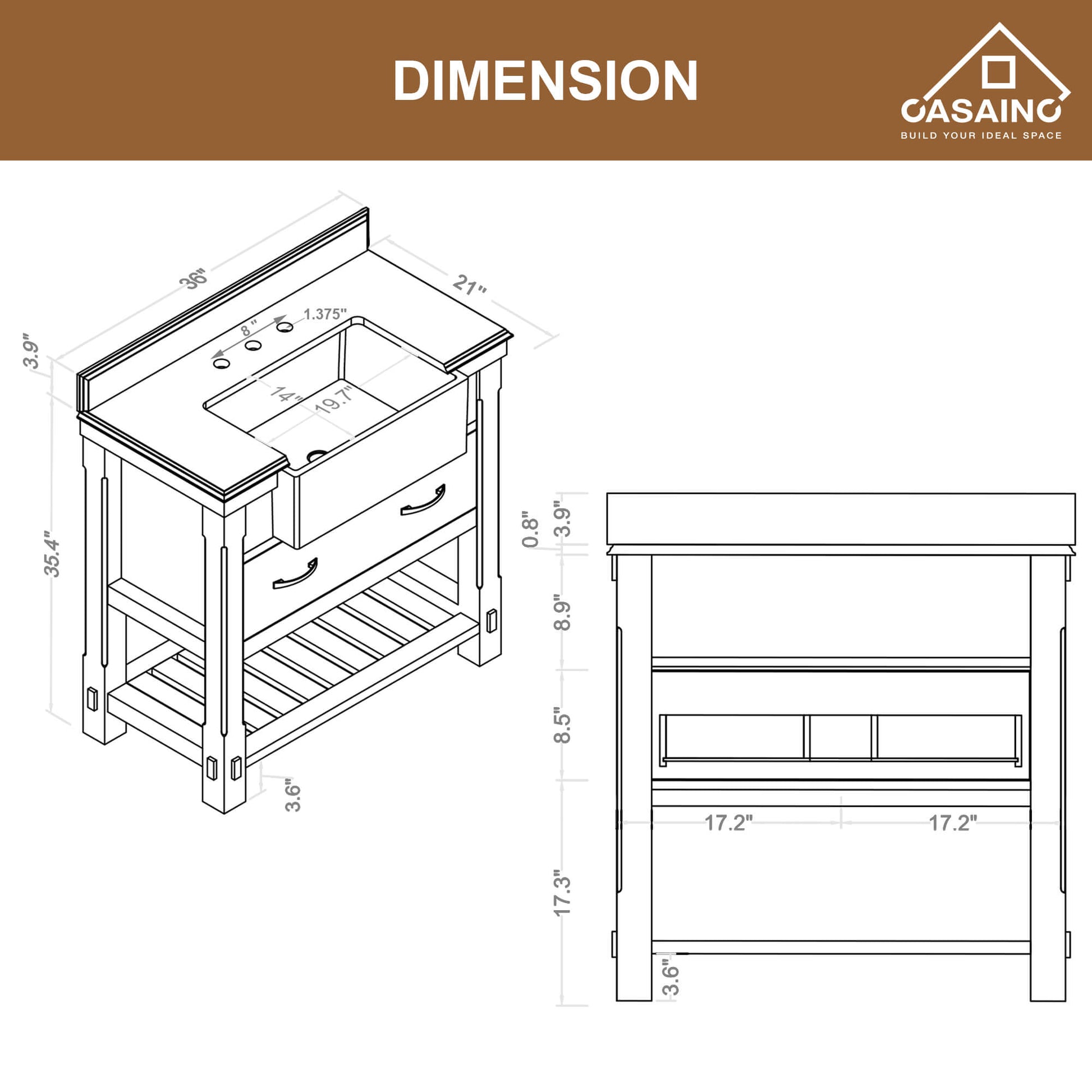36" Farmhouse Sink Bathroom Vanity with Shelf in White/Grey