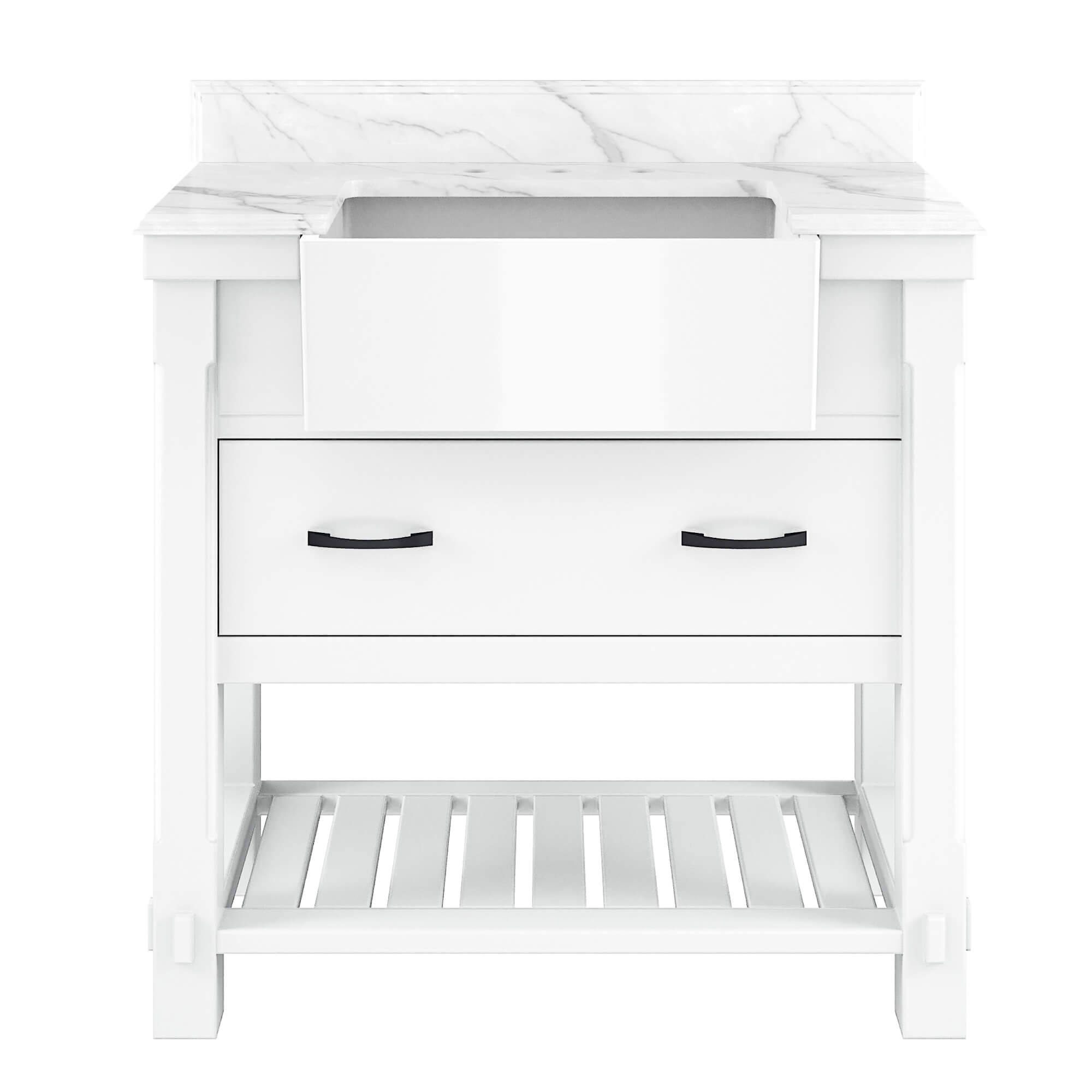 36" Farmhouse Sink Bathroom Vanity with Shelf in White/Grey