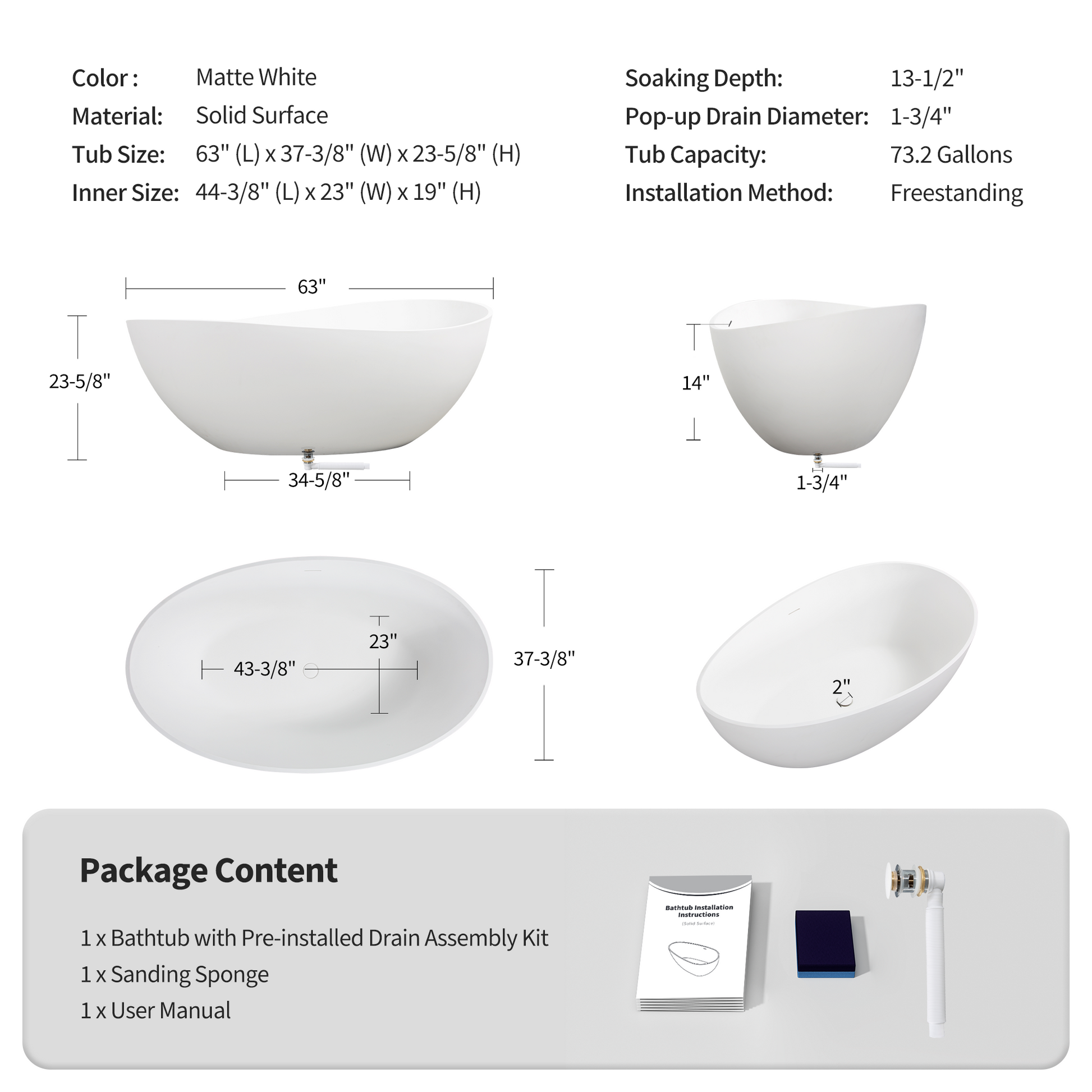 63" Unique Shaped Solid Surface Freestanding Bathtub with Warm-Touch Insulation