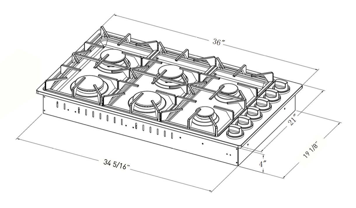 36 Inch Professional Drop-In Gas Cooktop in Stainless Steel