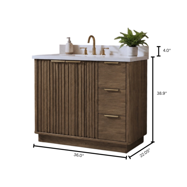 36" Wood Bathroom Vanity with Fluted Cabinet and Soft-Close Doors