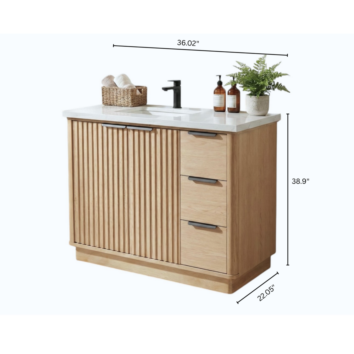 36" Wood Bathroom Vanity with Fluted Cabinet and Soft-Close Doors
