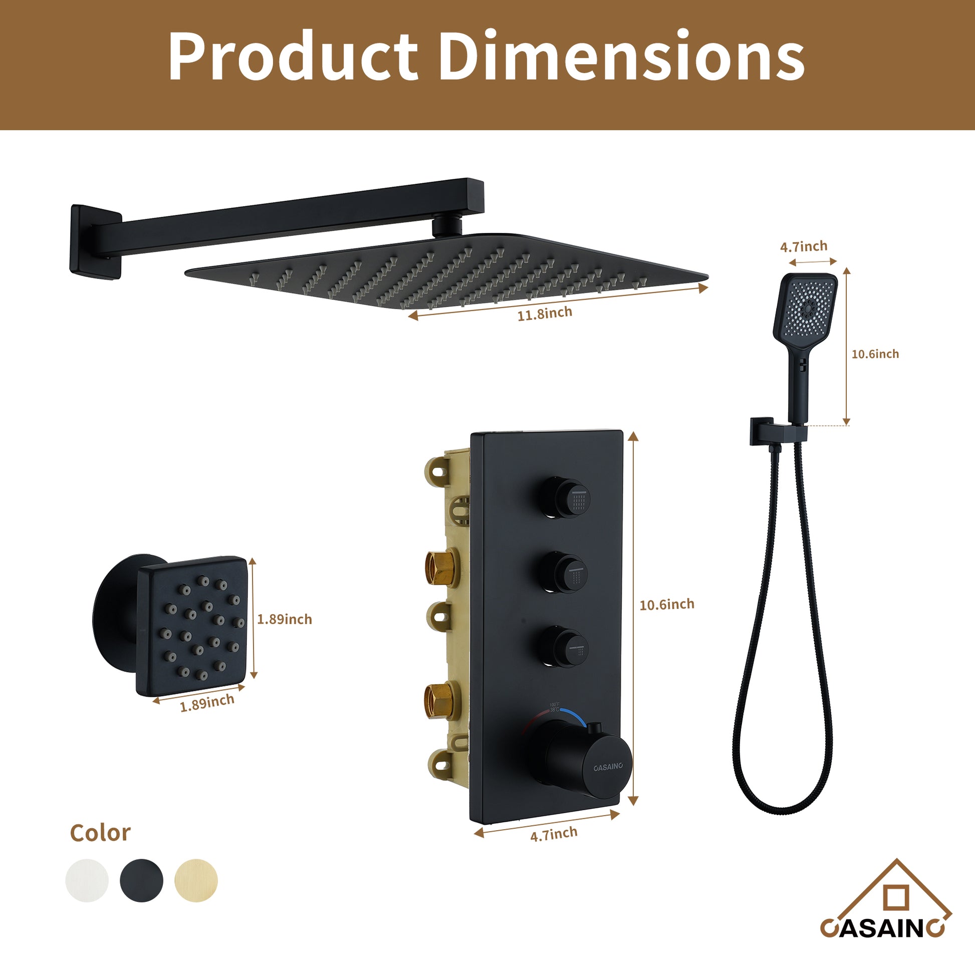 12'' Shower System With 3-Function Shower Head & 6 Body Jets