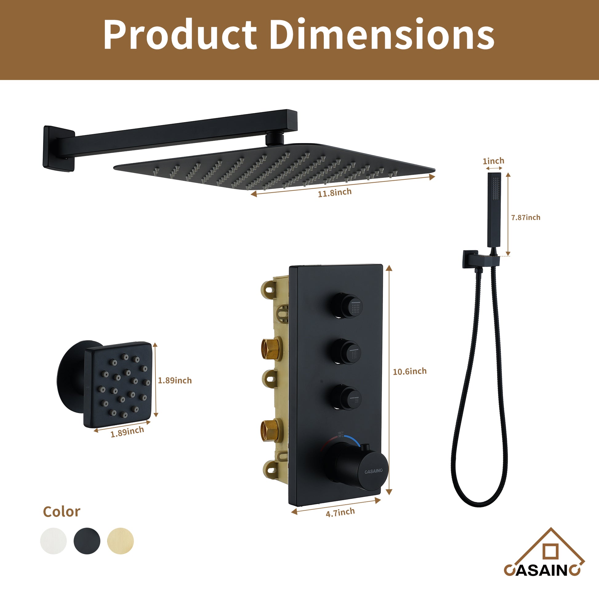 3 Functions 12 Inch Thermostatic Shower System