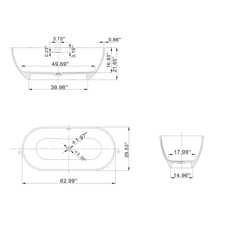 63" Oval Solid Surface Freestanding Bathtub in Matte White and Dark Grey
