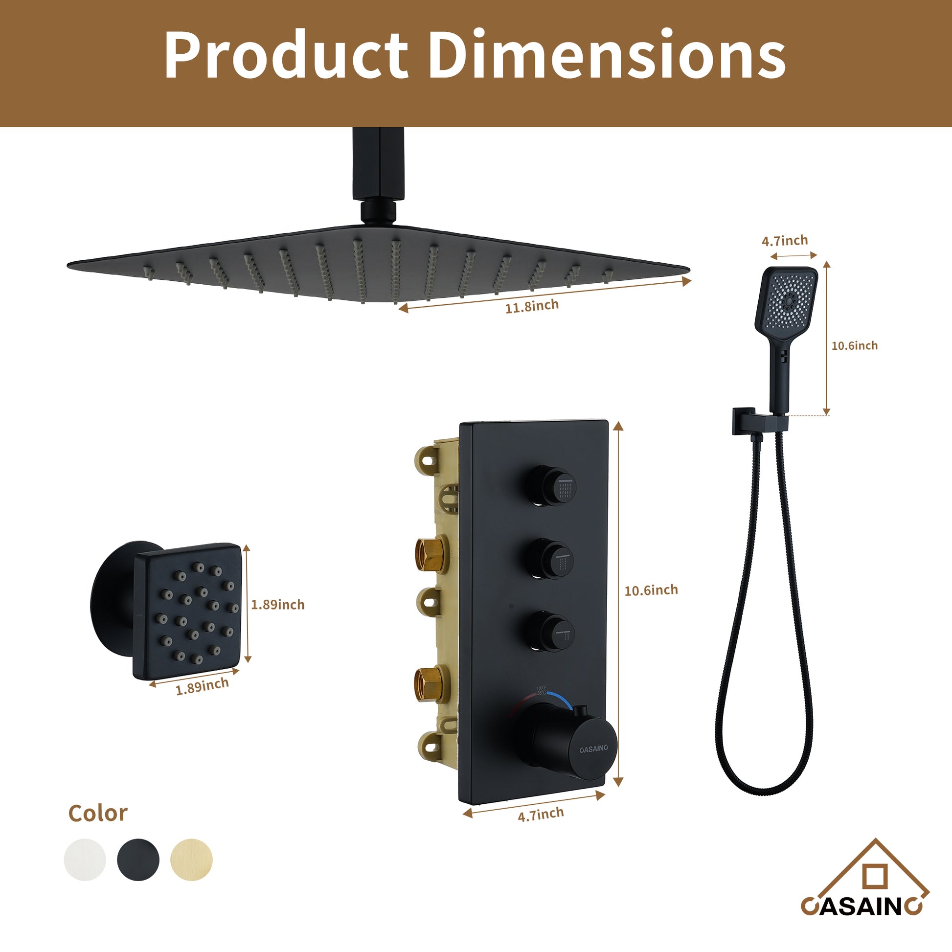 12'' Shower System With 3-Function Shower Head & 6 Body Jets