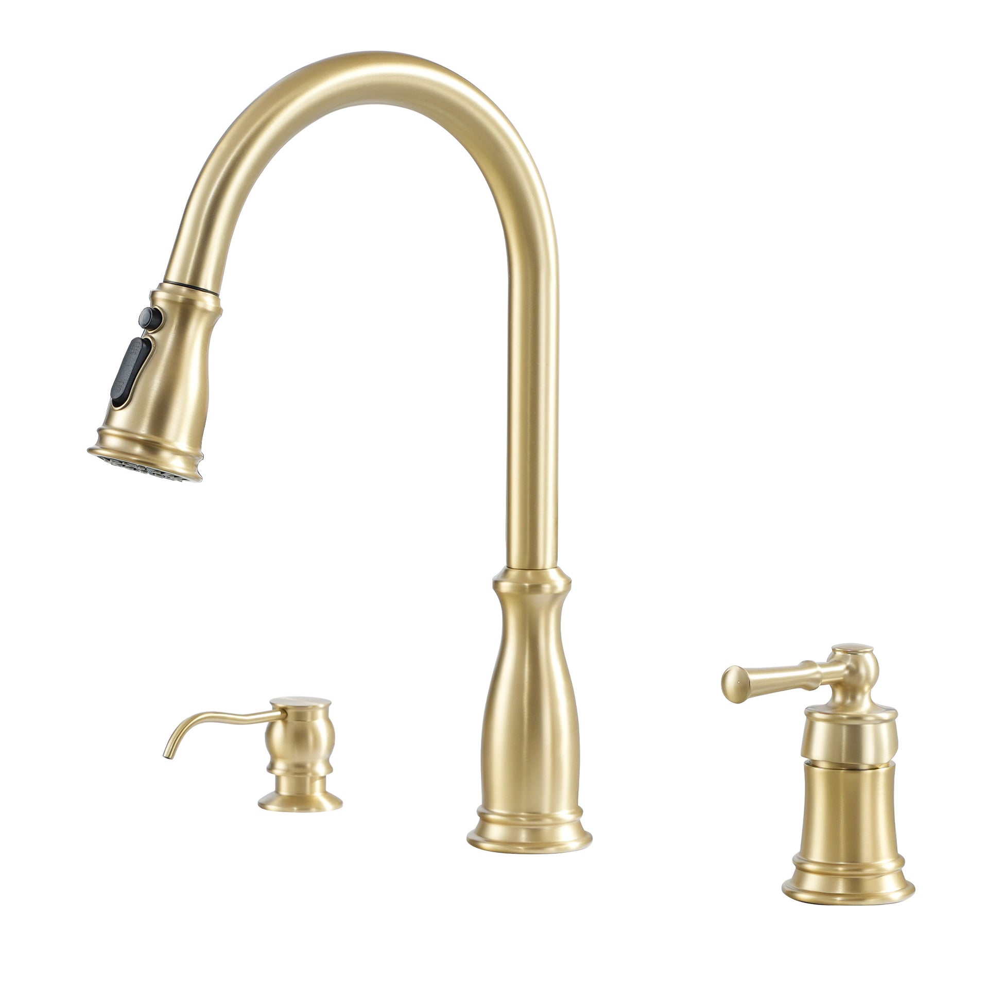 3 Spray Patterns Luxury Brush Gold 3 Hole Single Handle Kitchen Faucet with 360° Rotatable Body