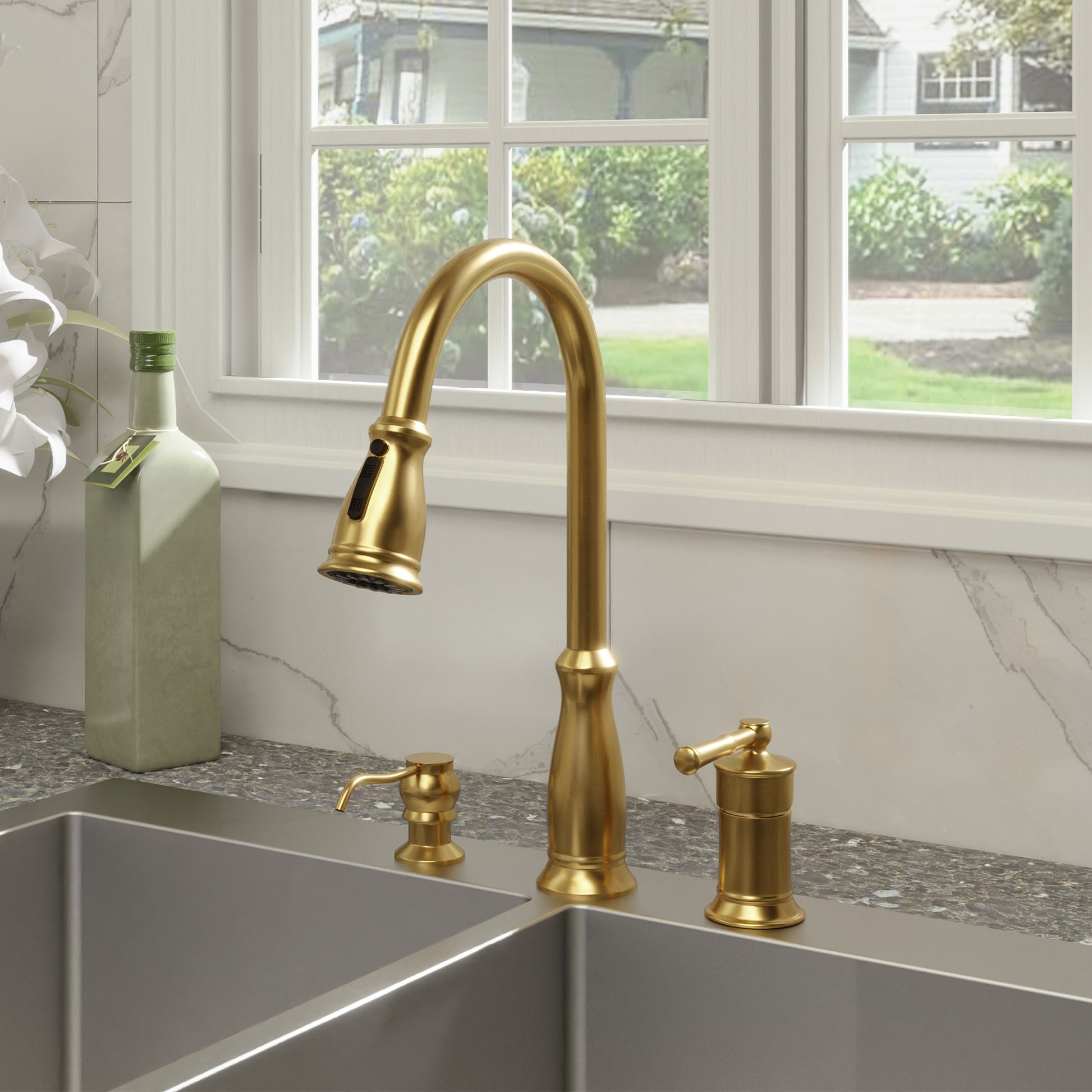 3 Spray Patterns Luxury Brush Gold 3 Hole Single Handle Kitchen Faucet with 360° Rotatable Body