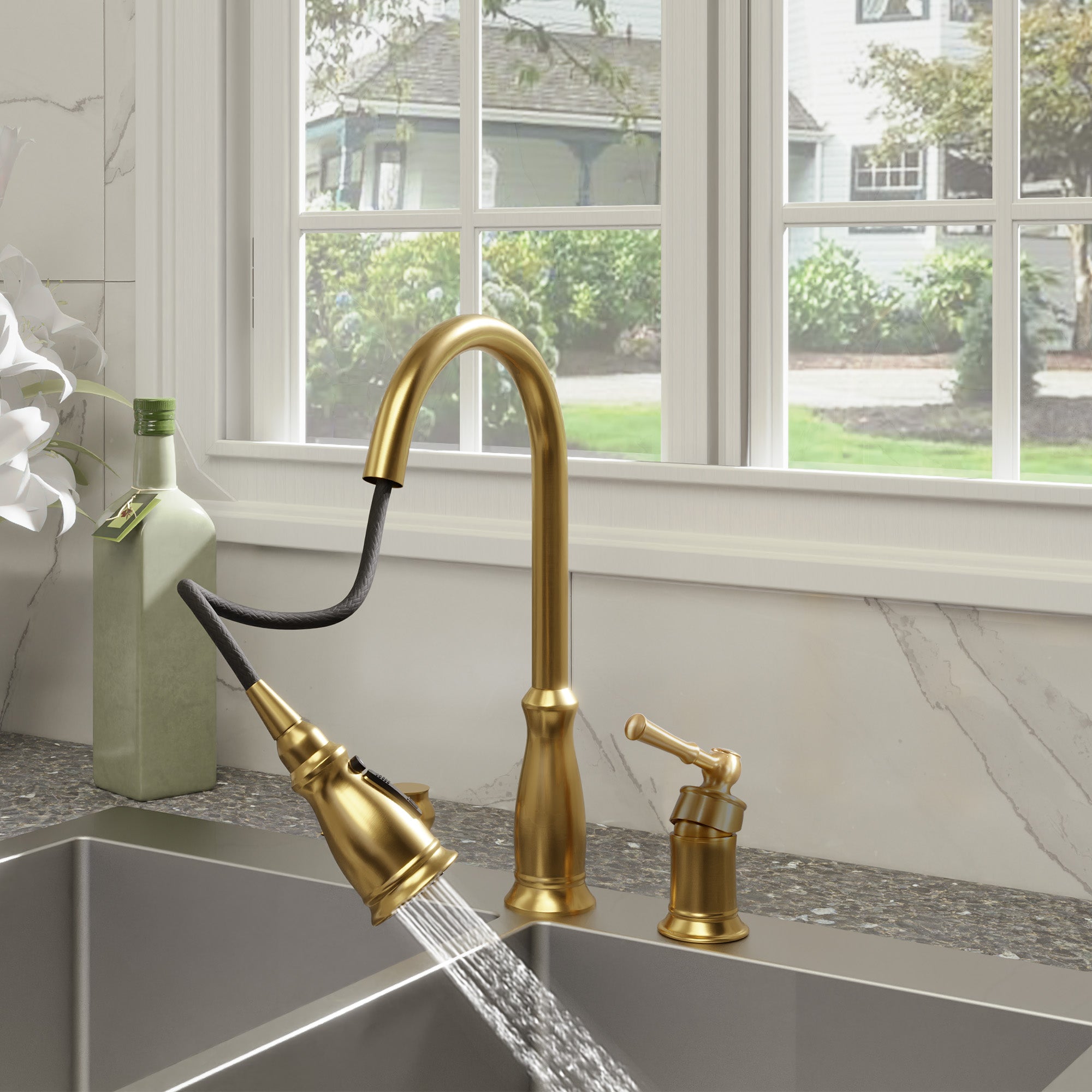 3 Spray Patterns Luxury Brush Gold 3 Hole Single Handle Kitchen Faucet with 360° Rotatable Body