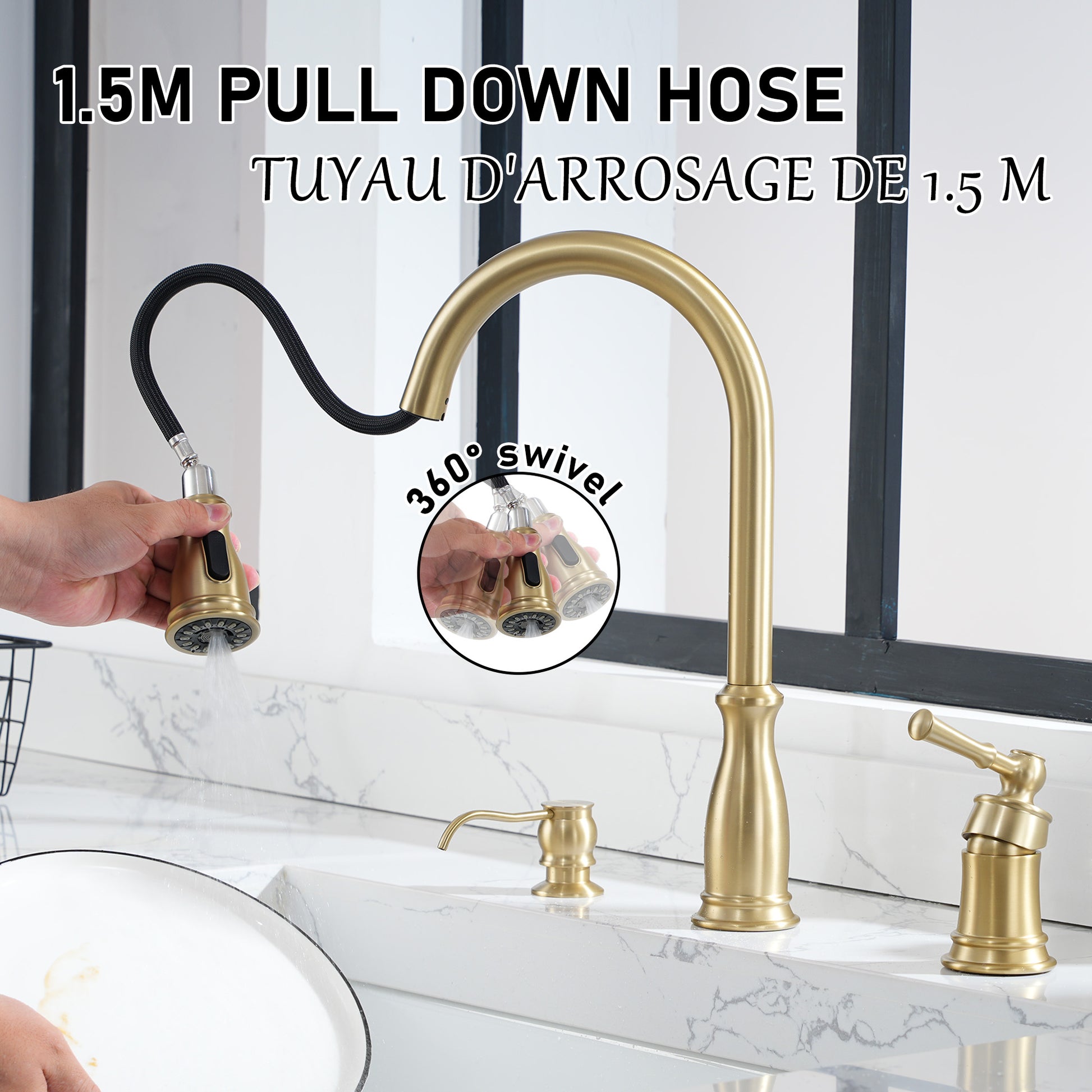 3 Spray Patterns Luxury Brush Gold 3 Hole Single Handle Kitchen Faucet with 360° Rotatable Body