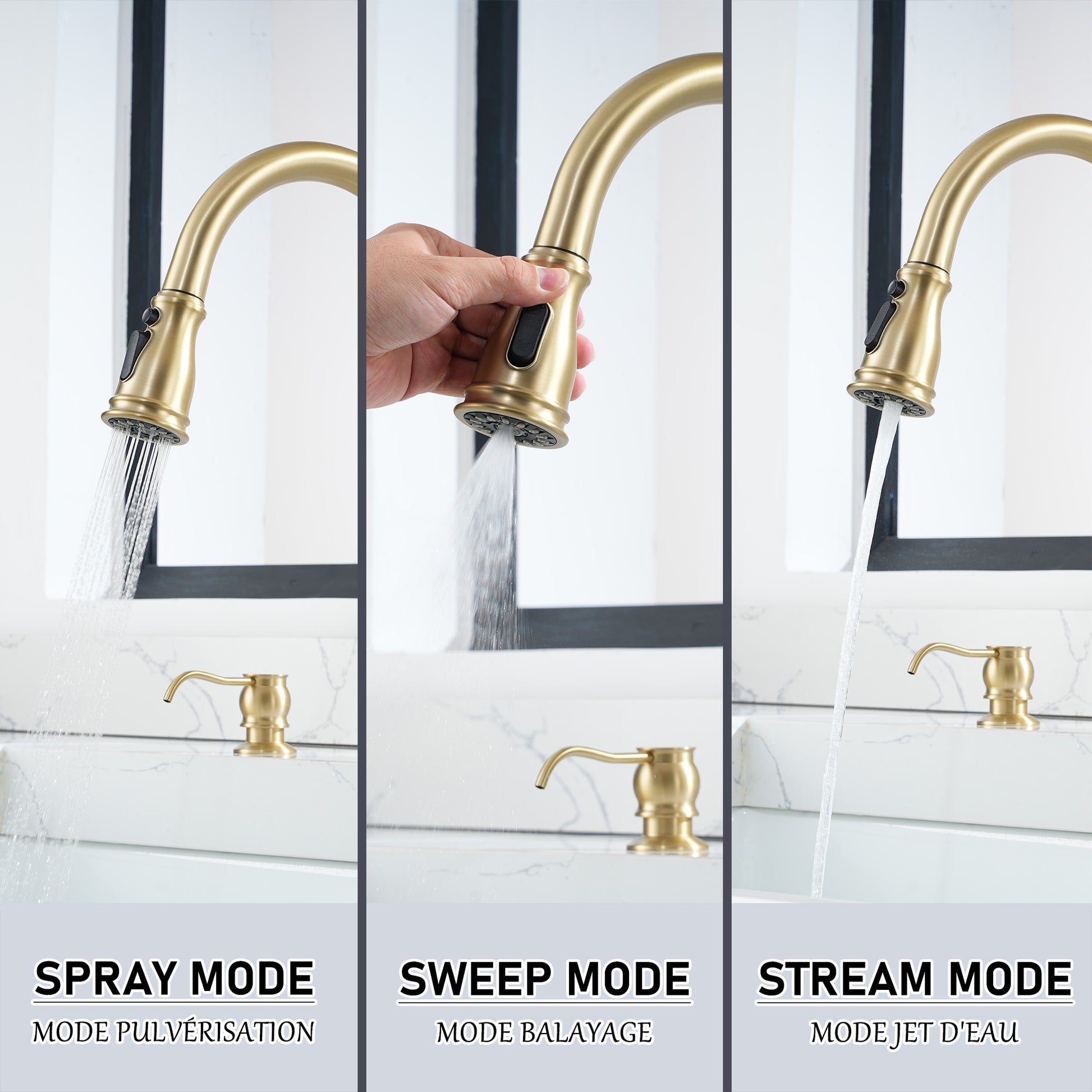 3 Spray Patterns Luxury Brush Gold 3 Hole Single Handle Kitchen Faucet with 360° Rotatable Body