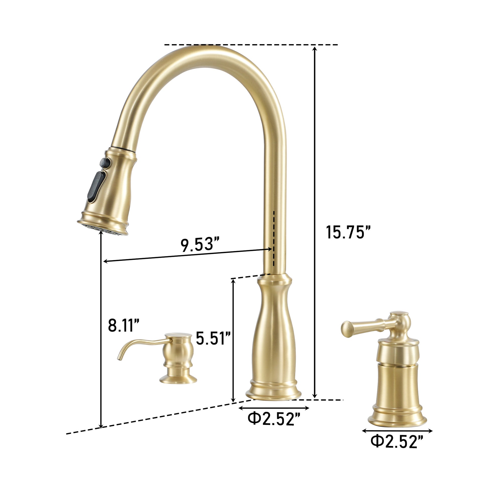 3 Spray Patterns Luxury Brush Gold 3 Hole Single Handle Kitchen Faucet with 360° Rotatable Body