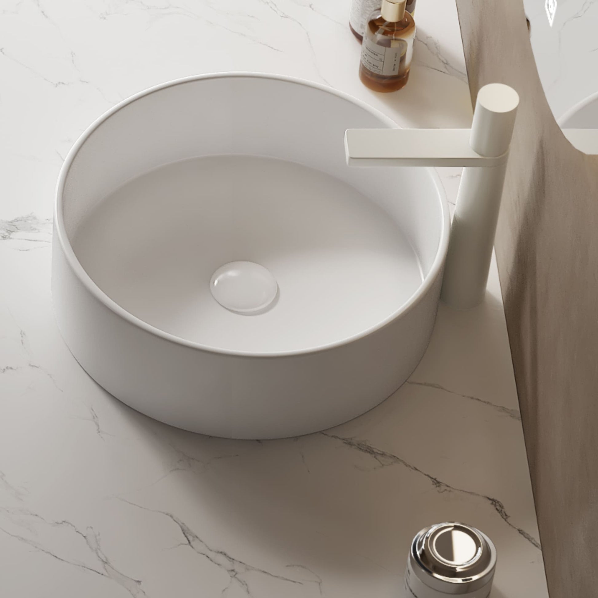14 in. Round Ceramic Vessel Bathroom Sink in Glossy White / Stone Pattern Matte White