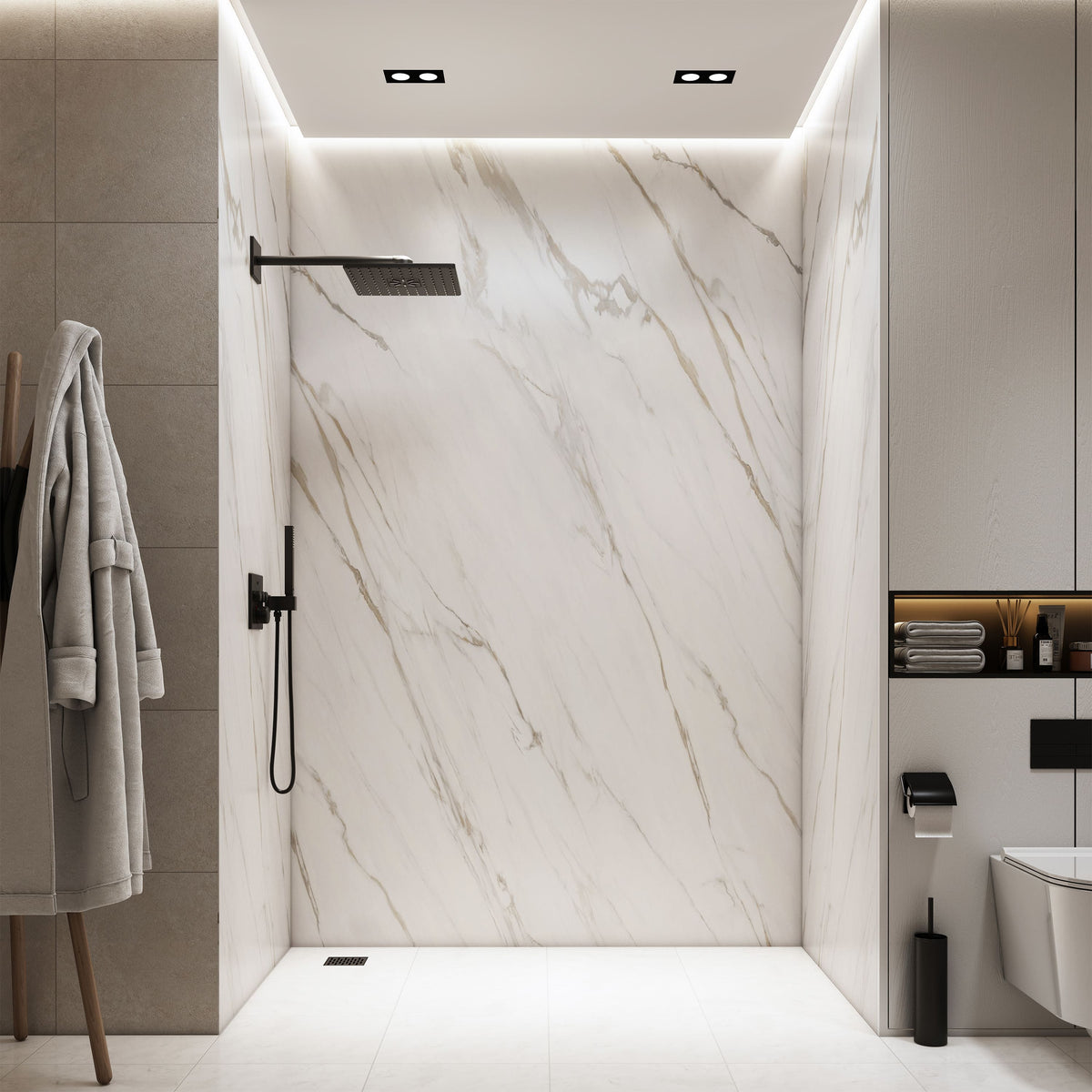 4-Piece Warm Gray Marble Solid Surface Shower Wall Panels for Luxury Shower Spaces