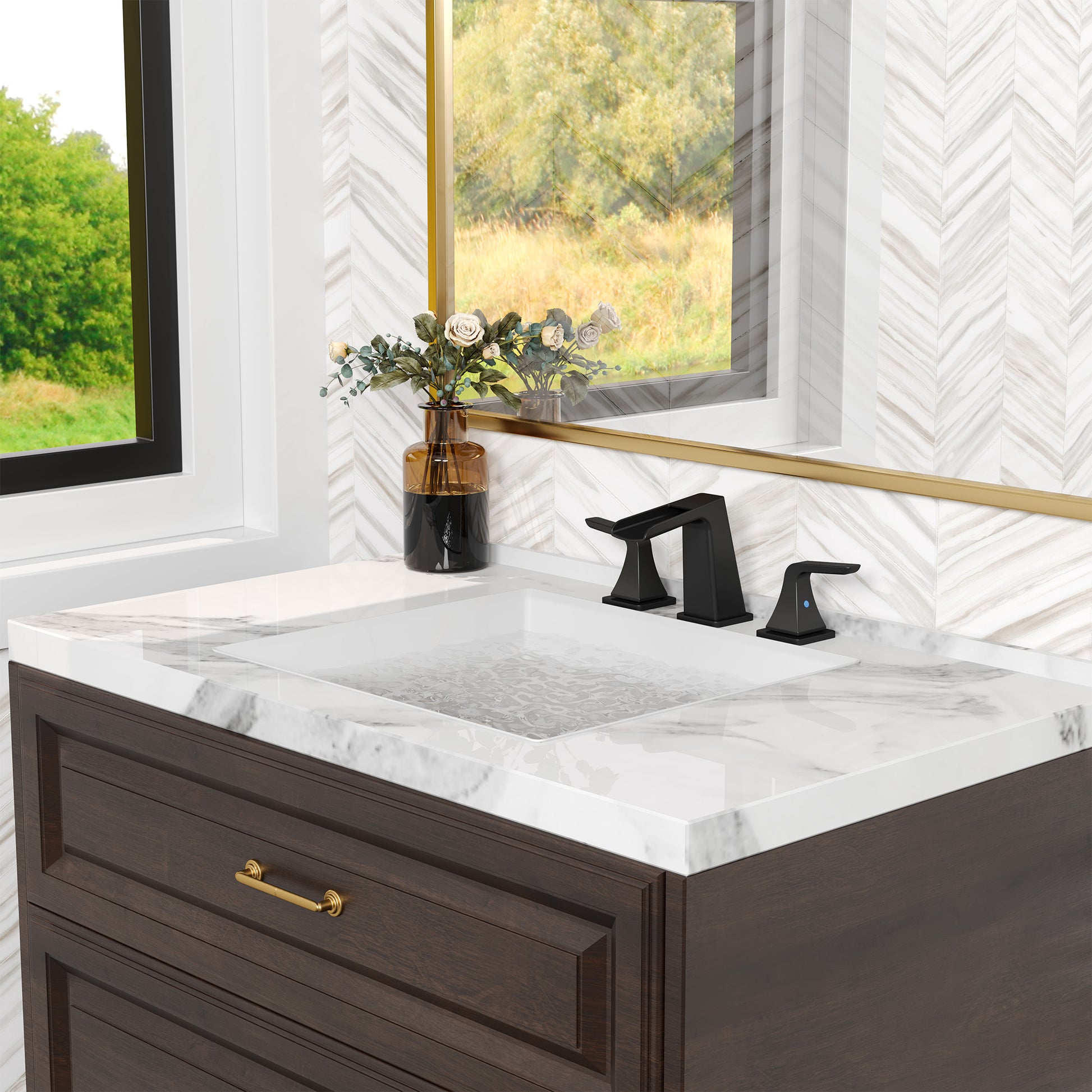 2-Handle Bathroom Sink Faucet 3-Hole Application Widespread Modern Bathroom Faucet with Drain Assembly - Matte Black
