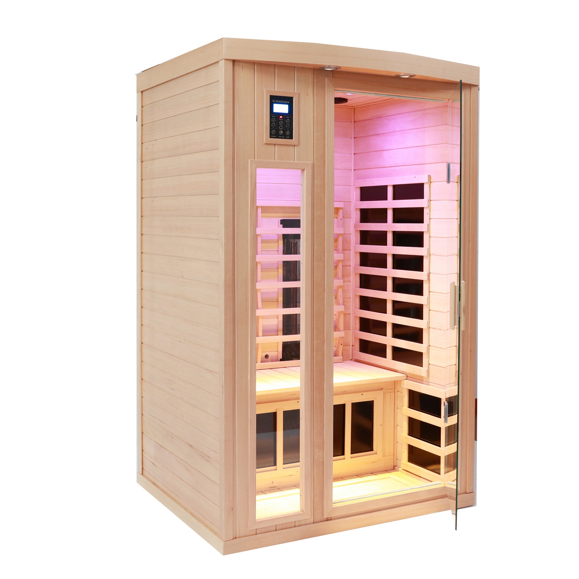 2-Person Hemlock Far Infrared Sauna with Bluetooth Audio, Reading Lights, Color Lighting and Exterior Lighting